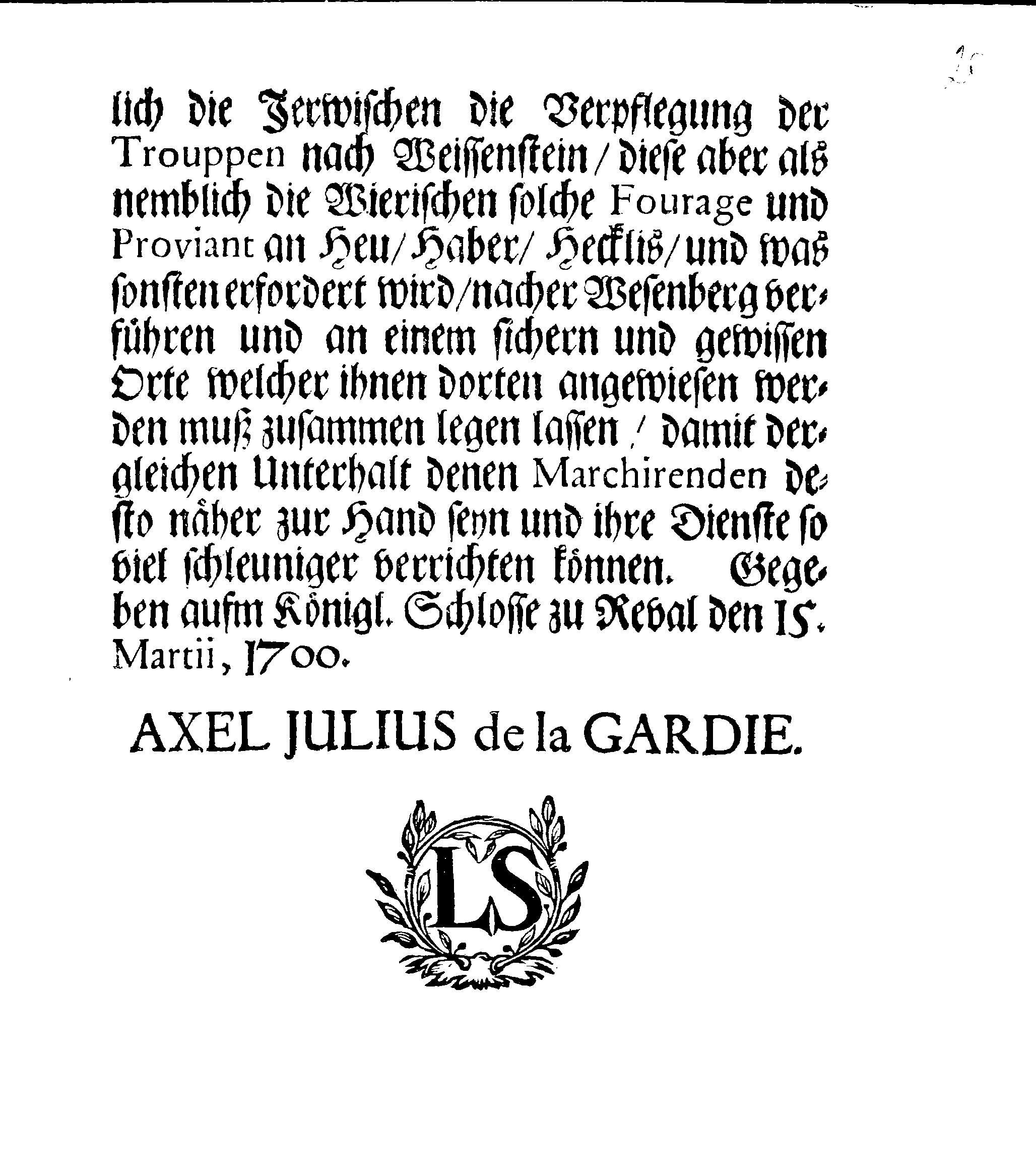 [Axel Julius De la Gardie korraldus]