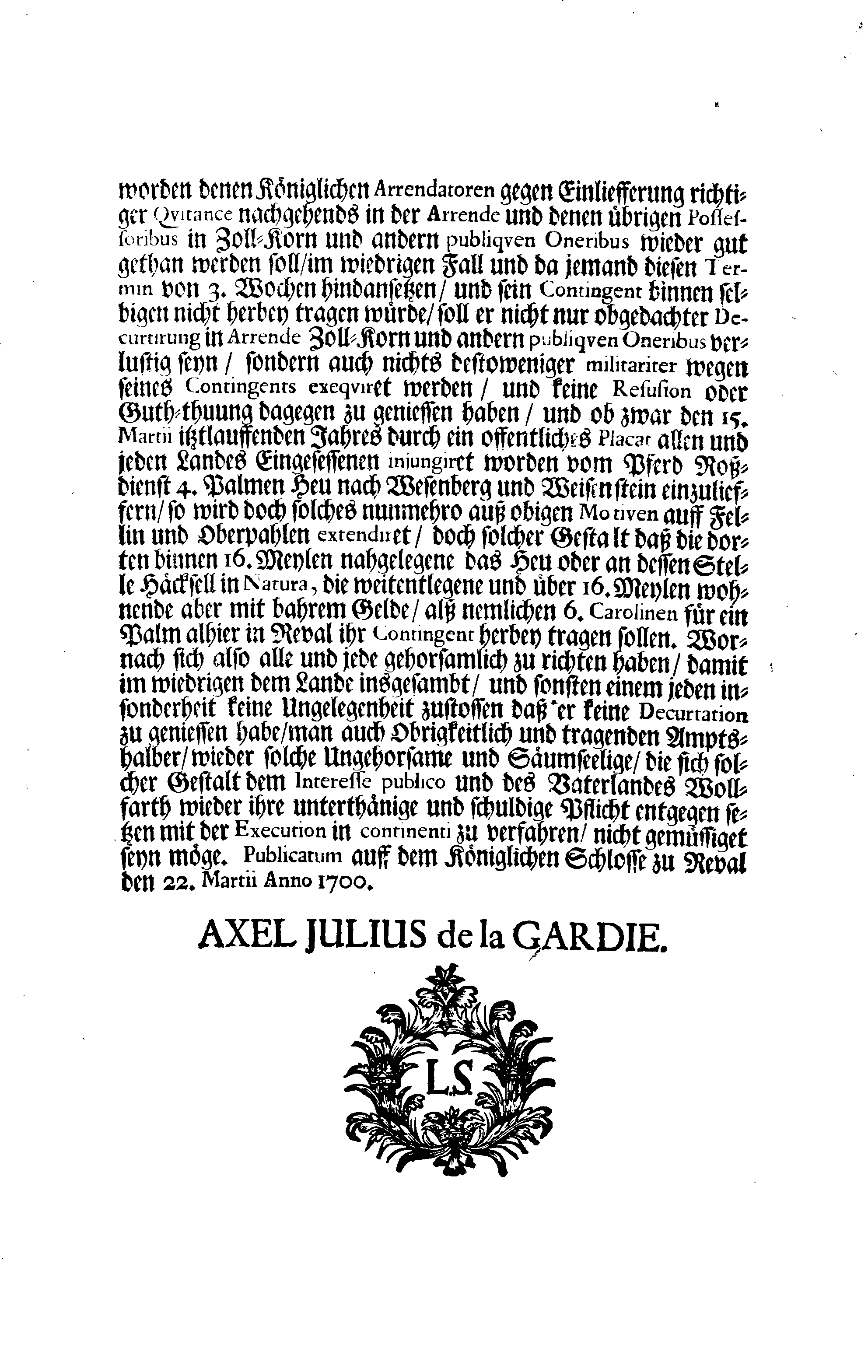 [Axel Julius De la Gardie korraldus]