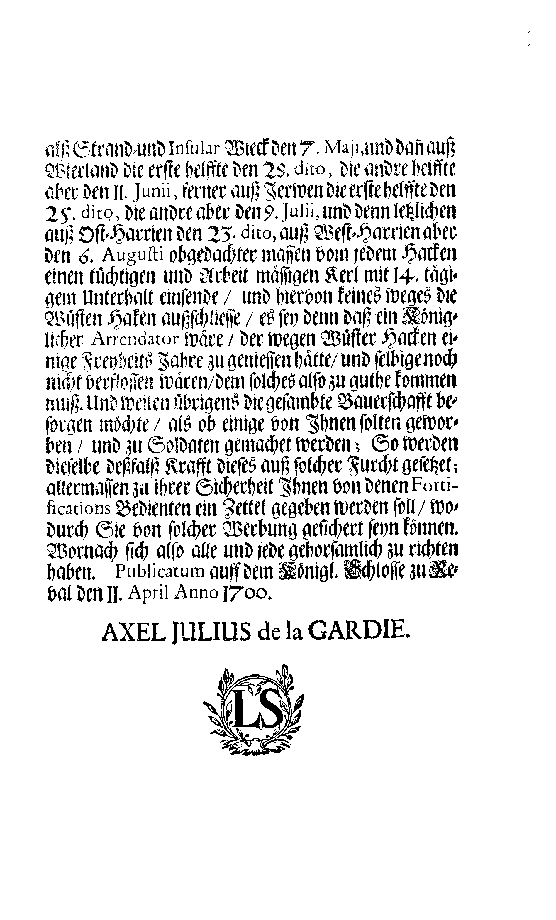 [Axel Julius De la Gardie korraldus]