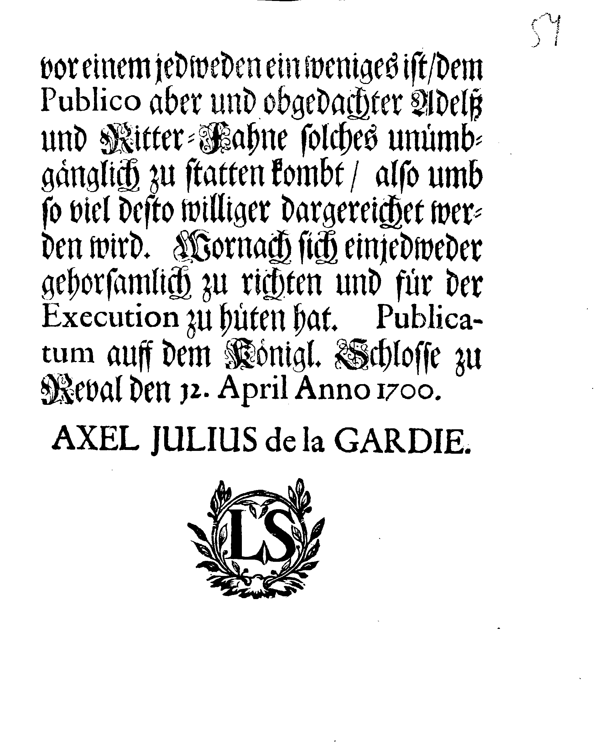 [Axel Julius De la Gardie korraldus]