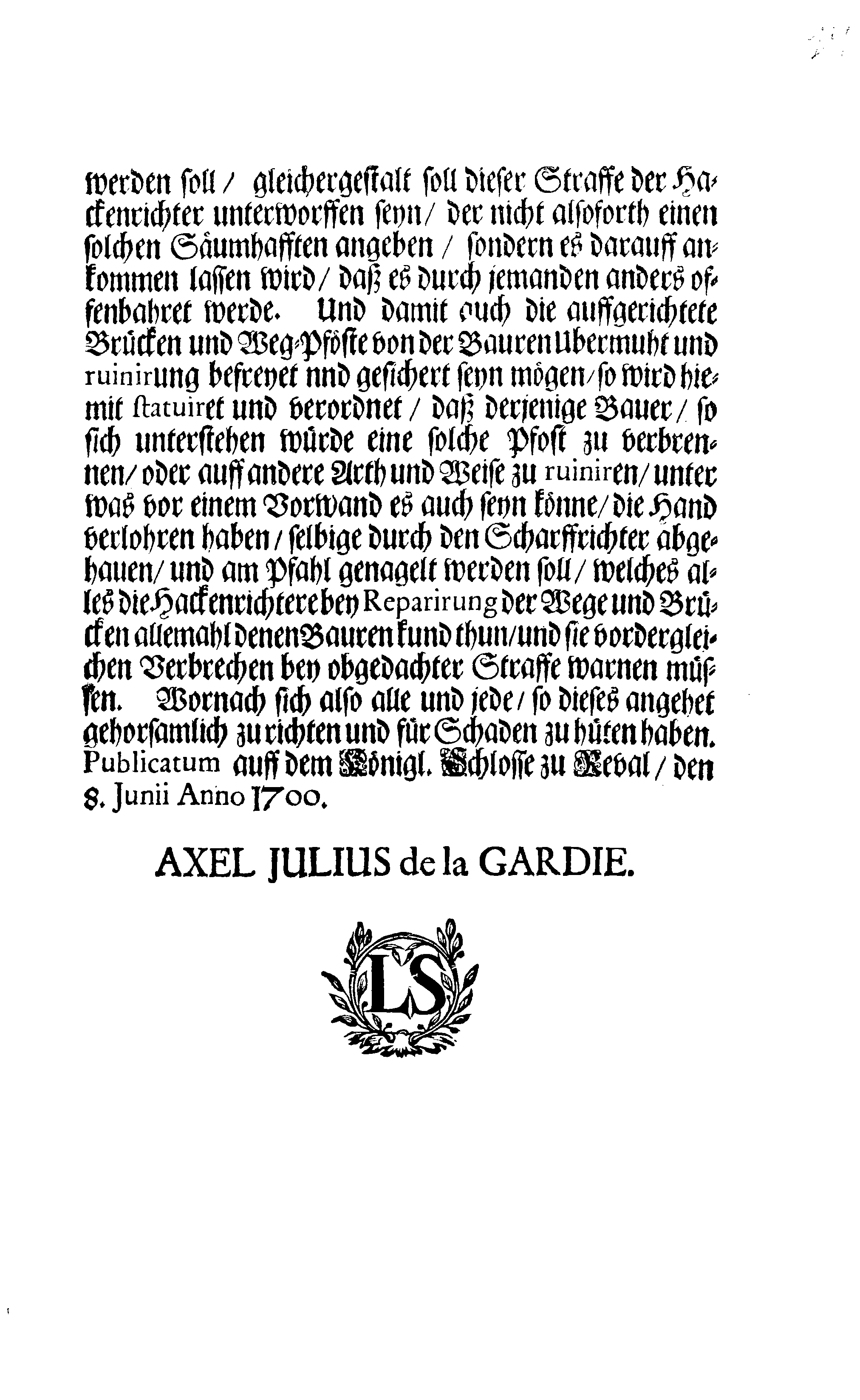 [Axel Julius De la Gardie korraldus]