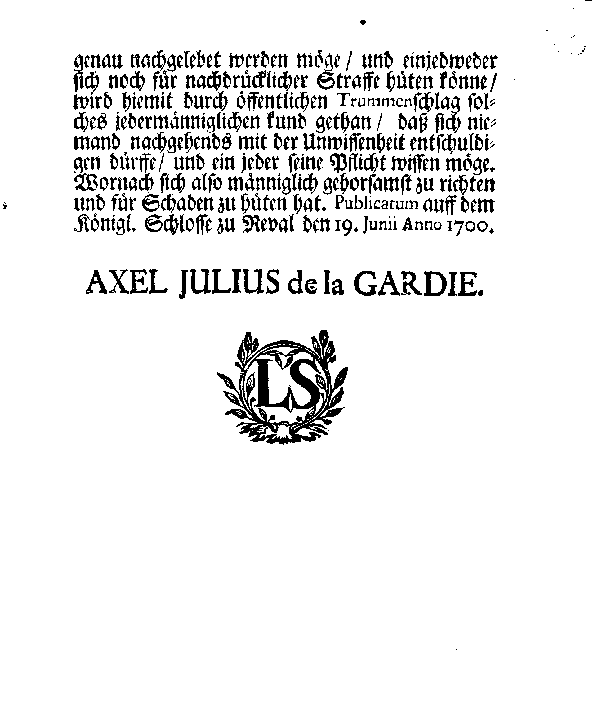 [Axel Julius De la Gardie korraldus]