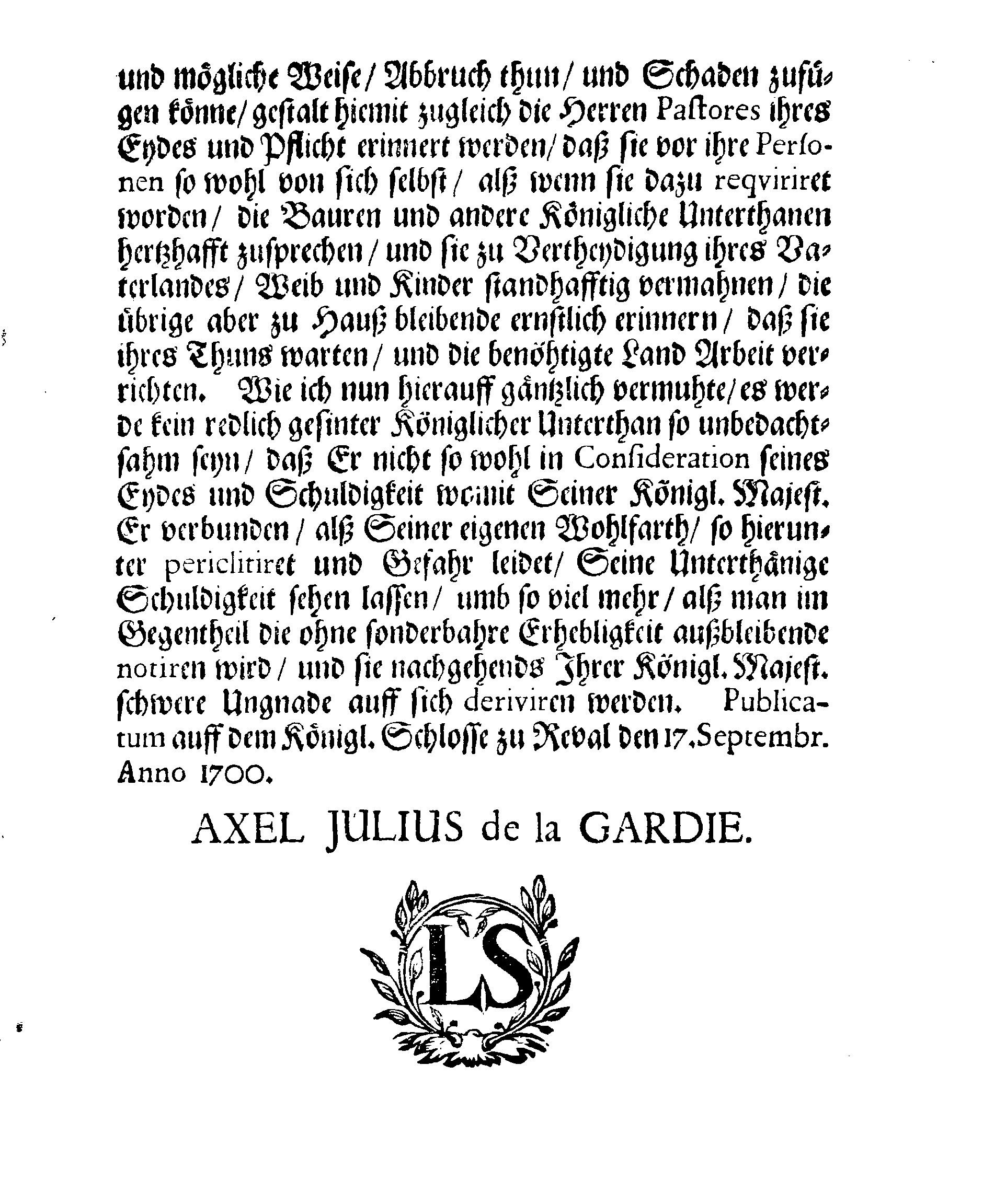 [Axel Julius De la Gardie korraldus]