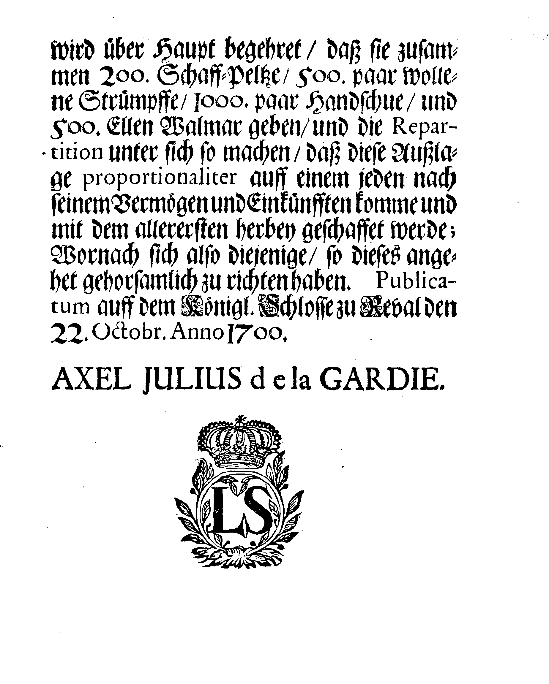 [Axel Julius De la Gardie korraldus]