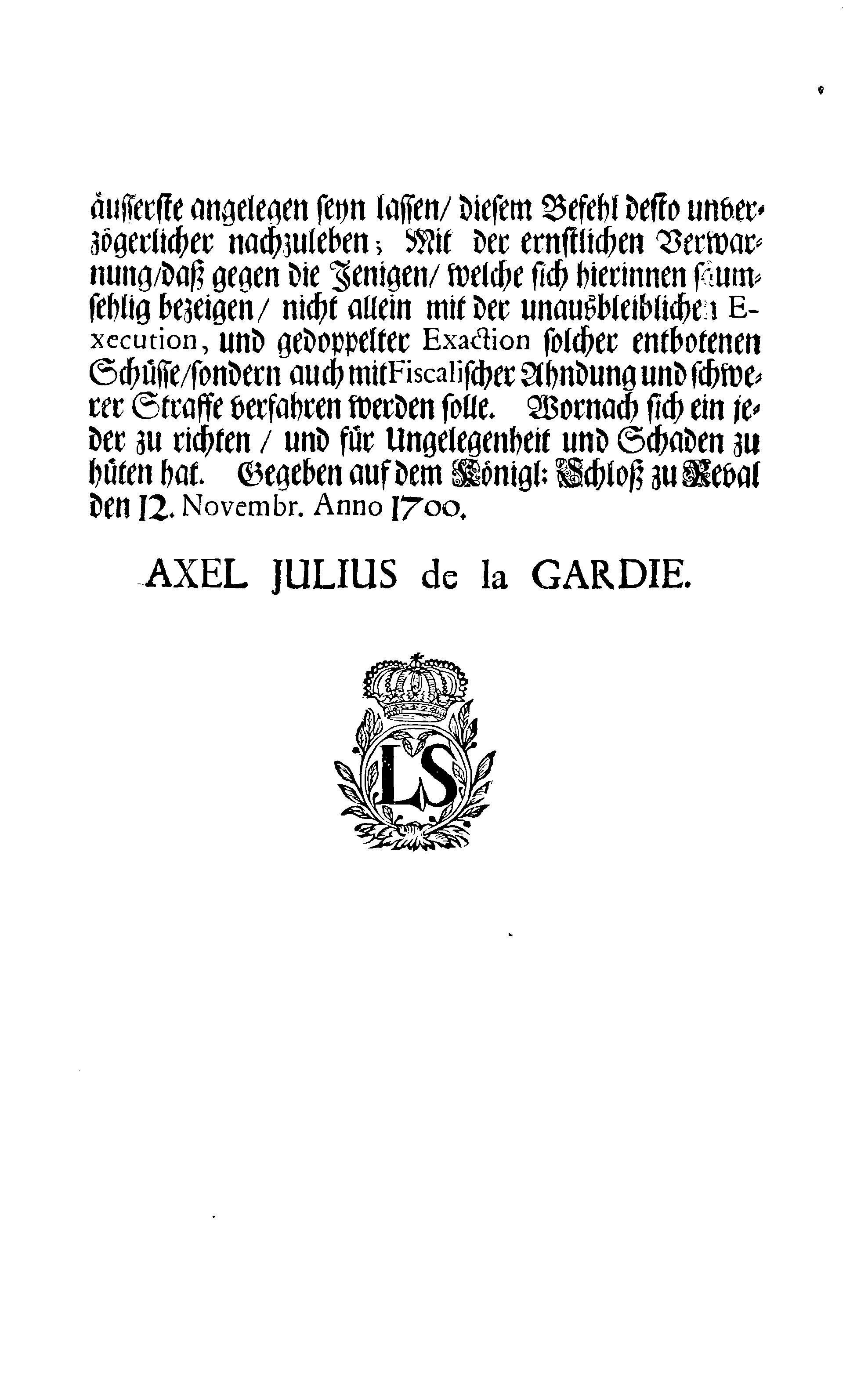 [Axel Julius De la Gardie korraldus]