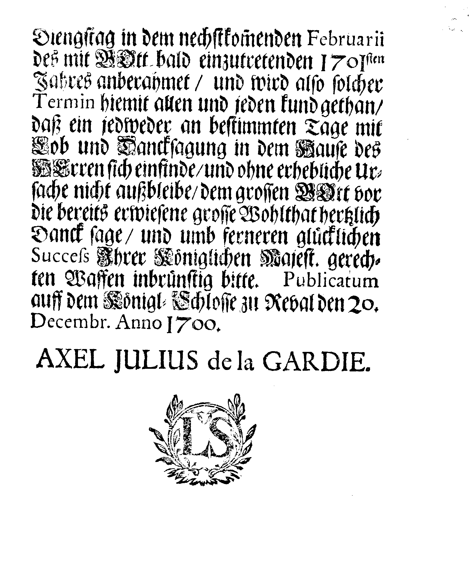 [Axel Julius De la Gardie korraldus]