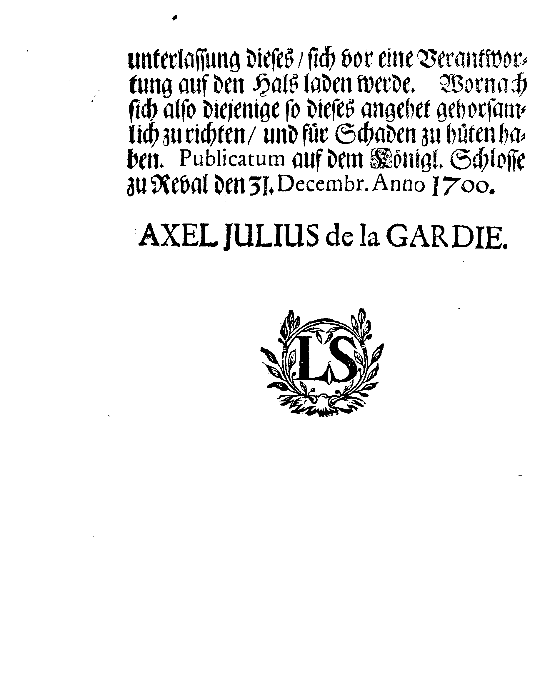 [Axel Julius De la Gardie korraldus]