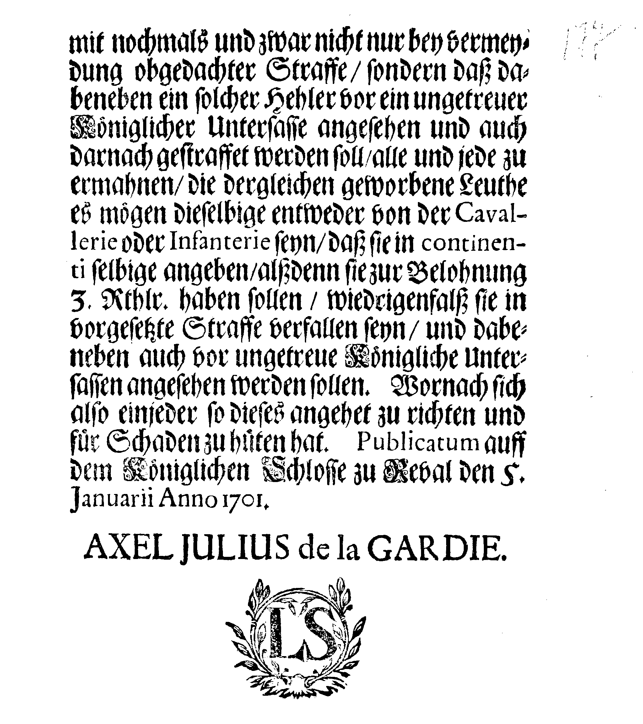 [Axel Julius De la Gardie korraldus]