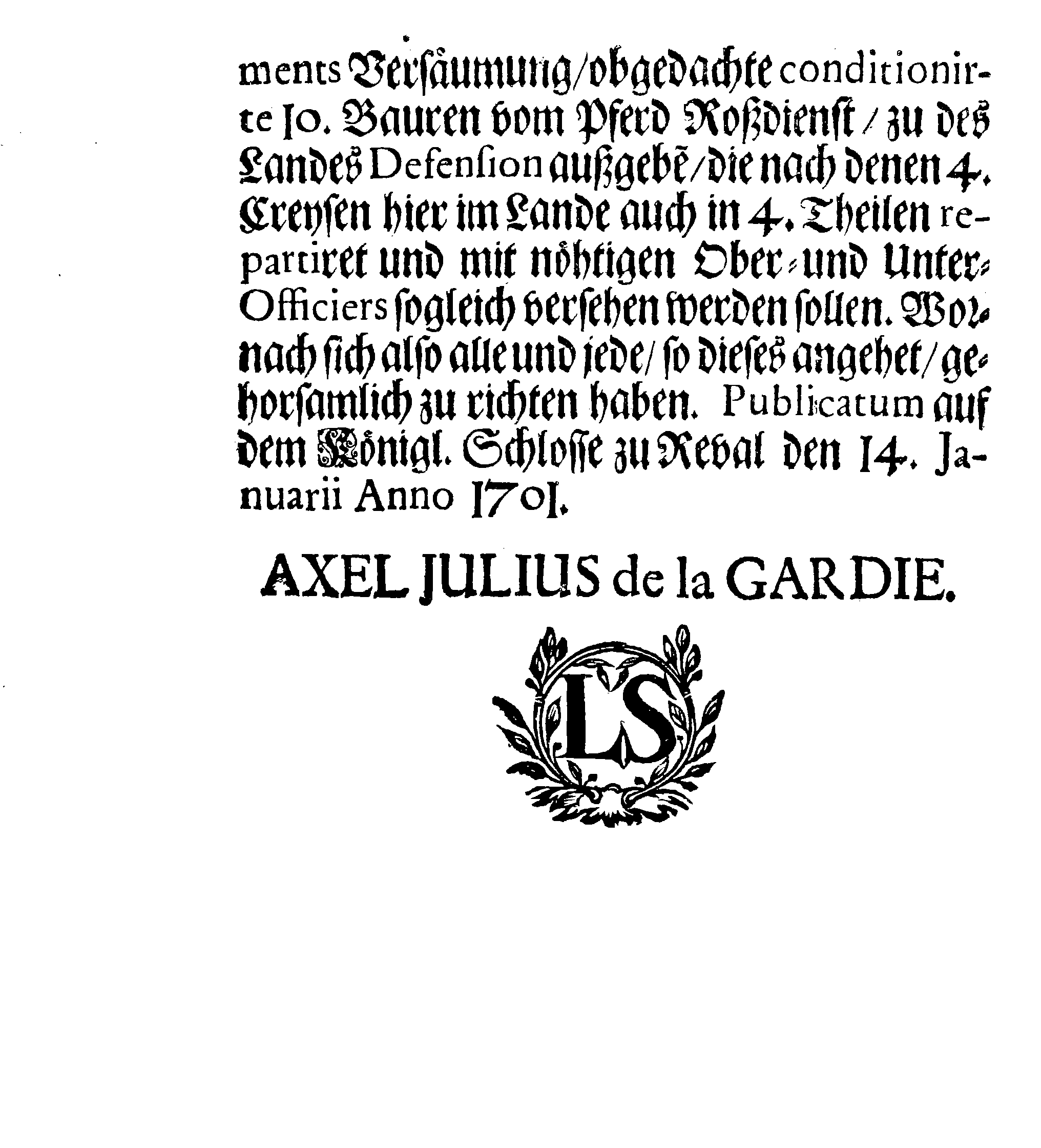 [Axel Julius De la Gardie korraldus]