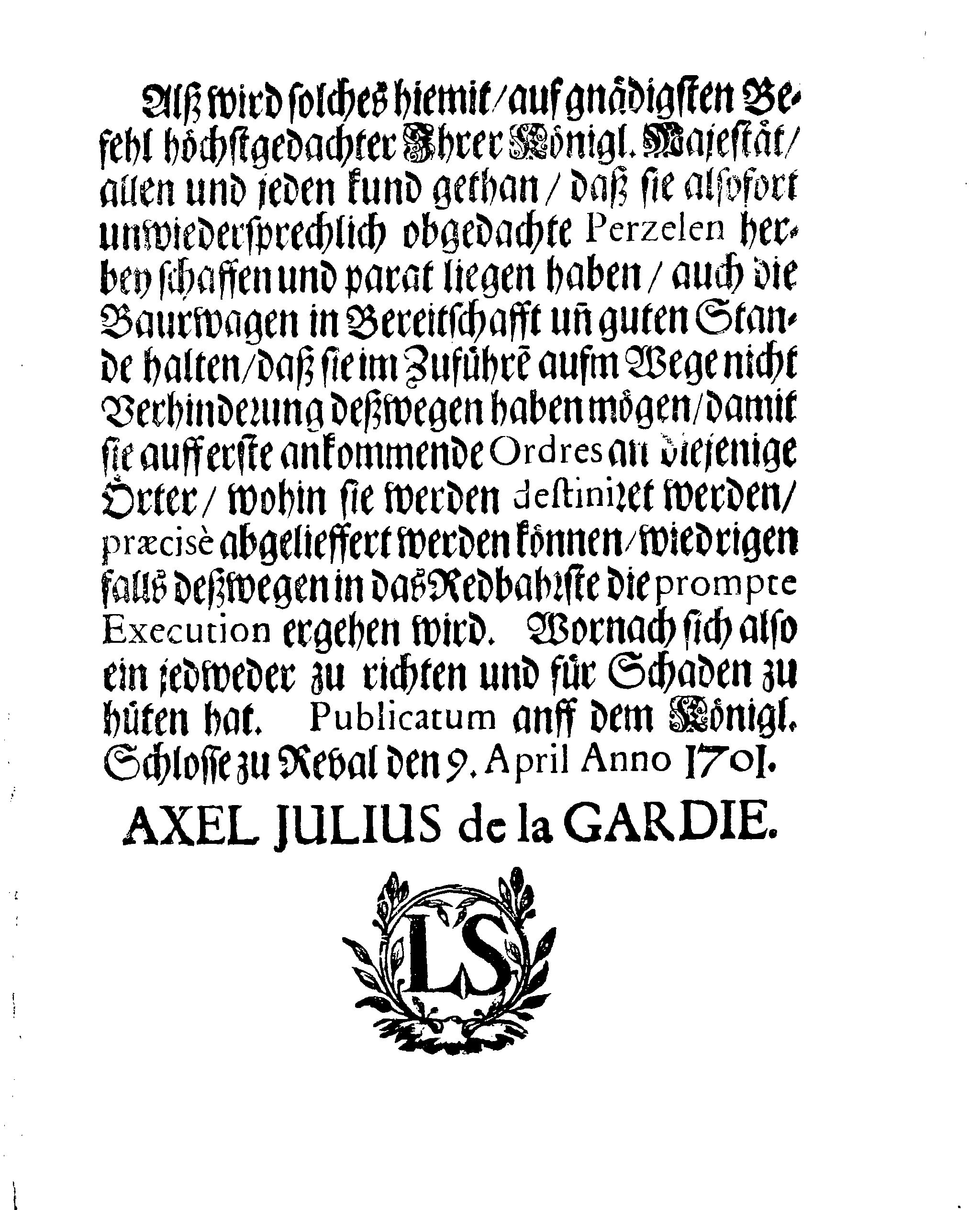 [Axel Julius De la Gardie korraldus]