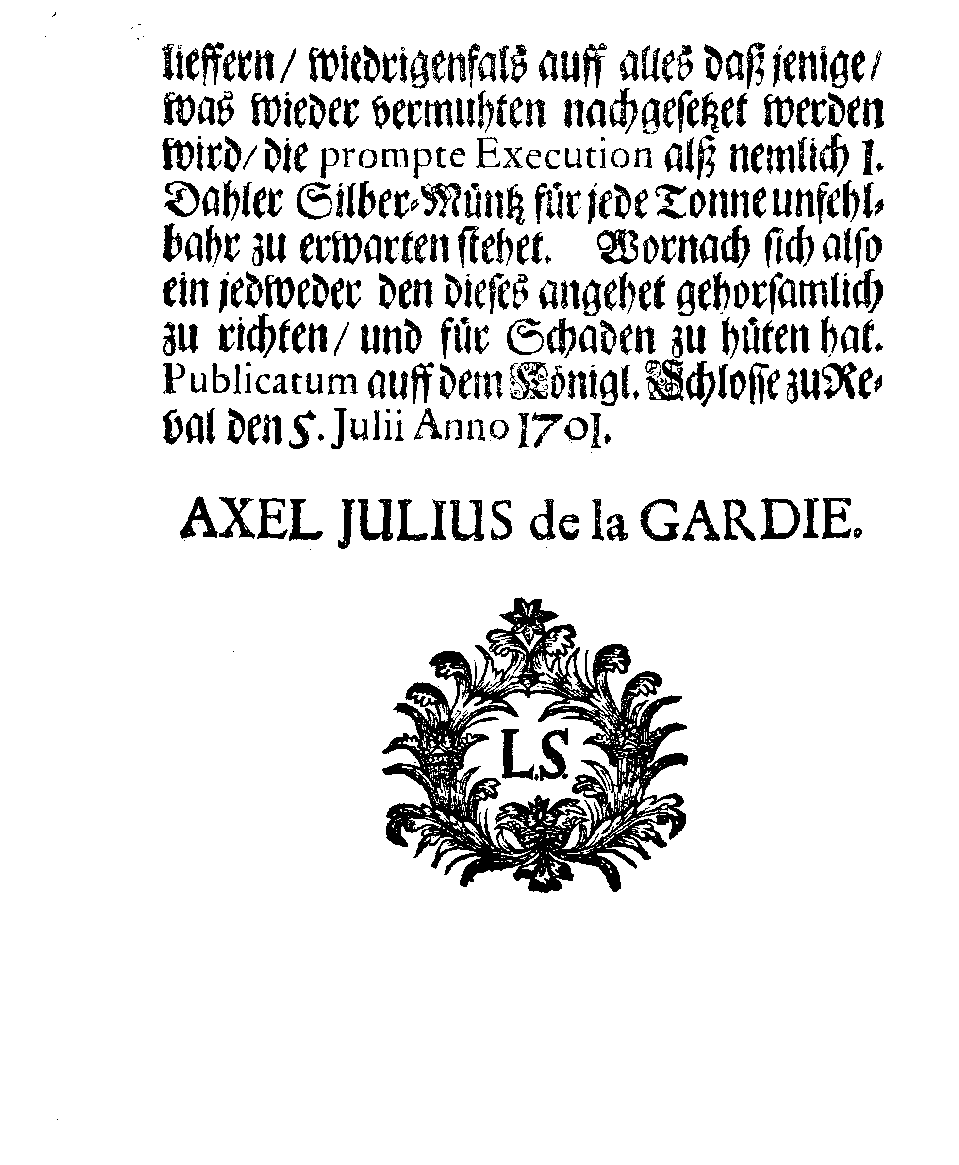 [Axel Julius De la Gardie korraldus]