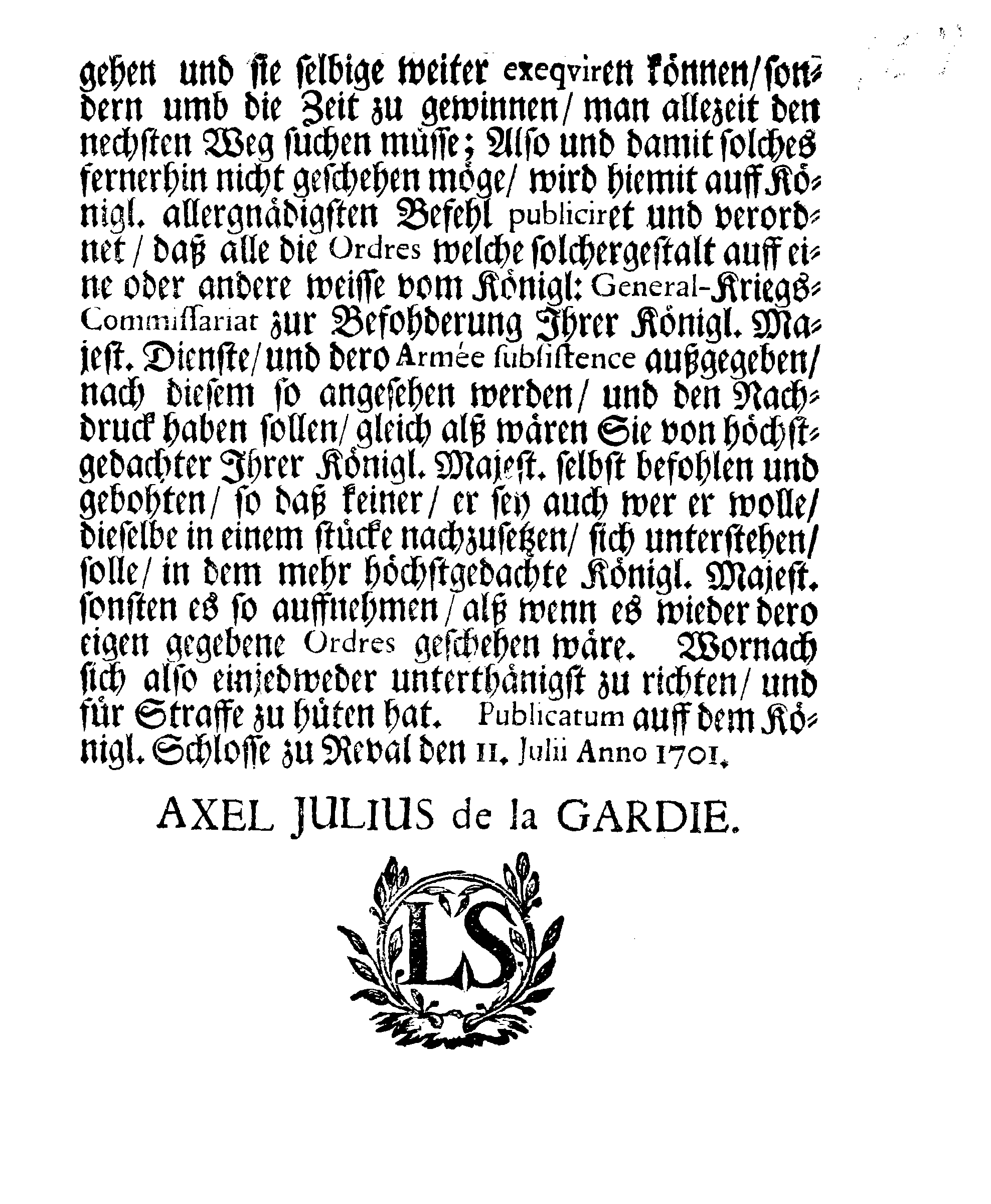 [Axel Julius De la Gardie korraldus]