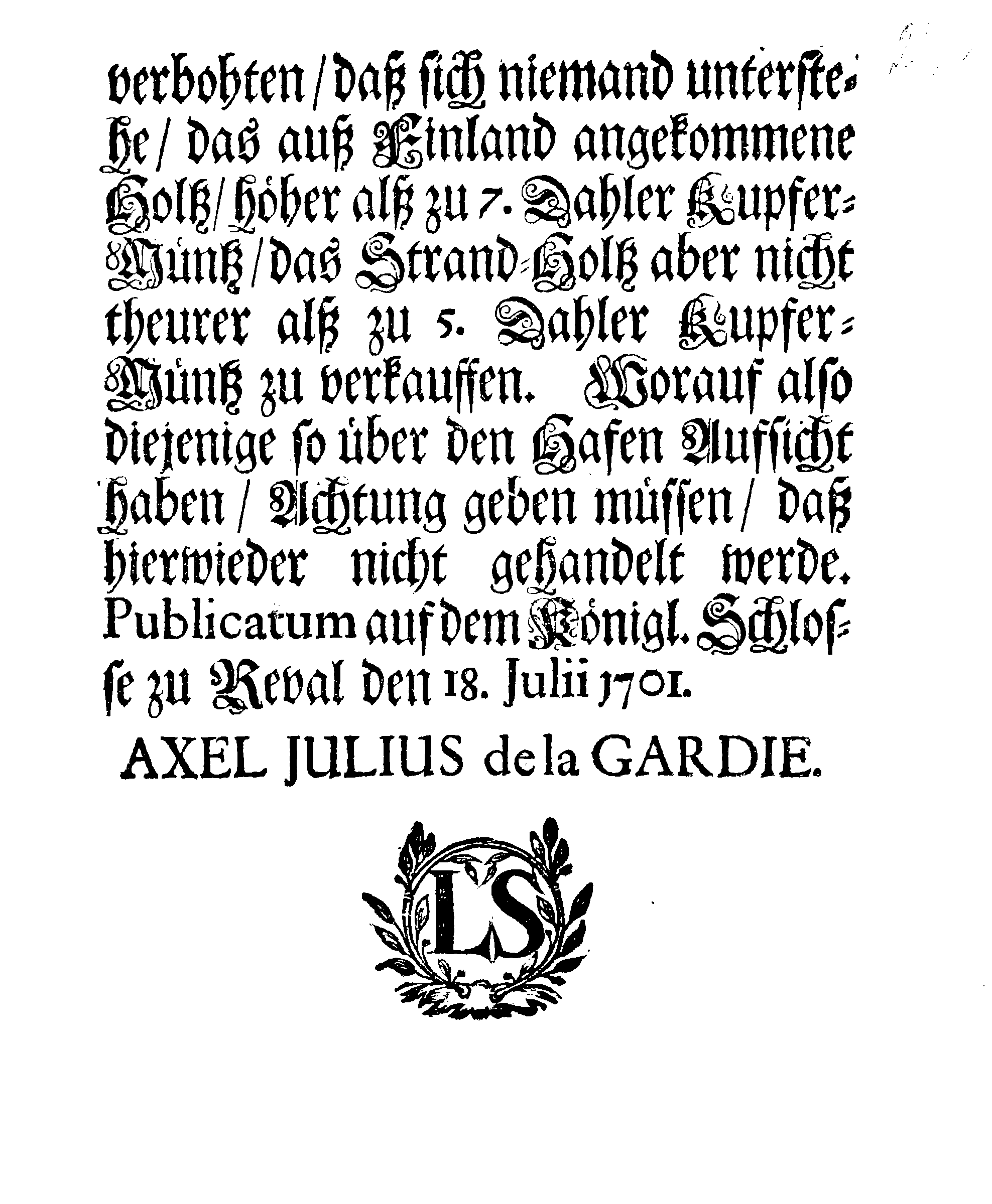 [Axel Julius De la Gardie korraldus]