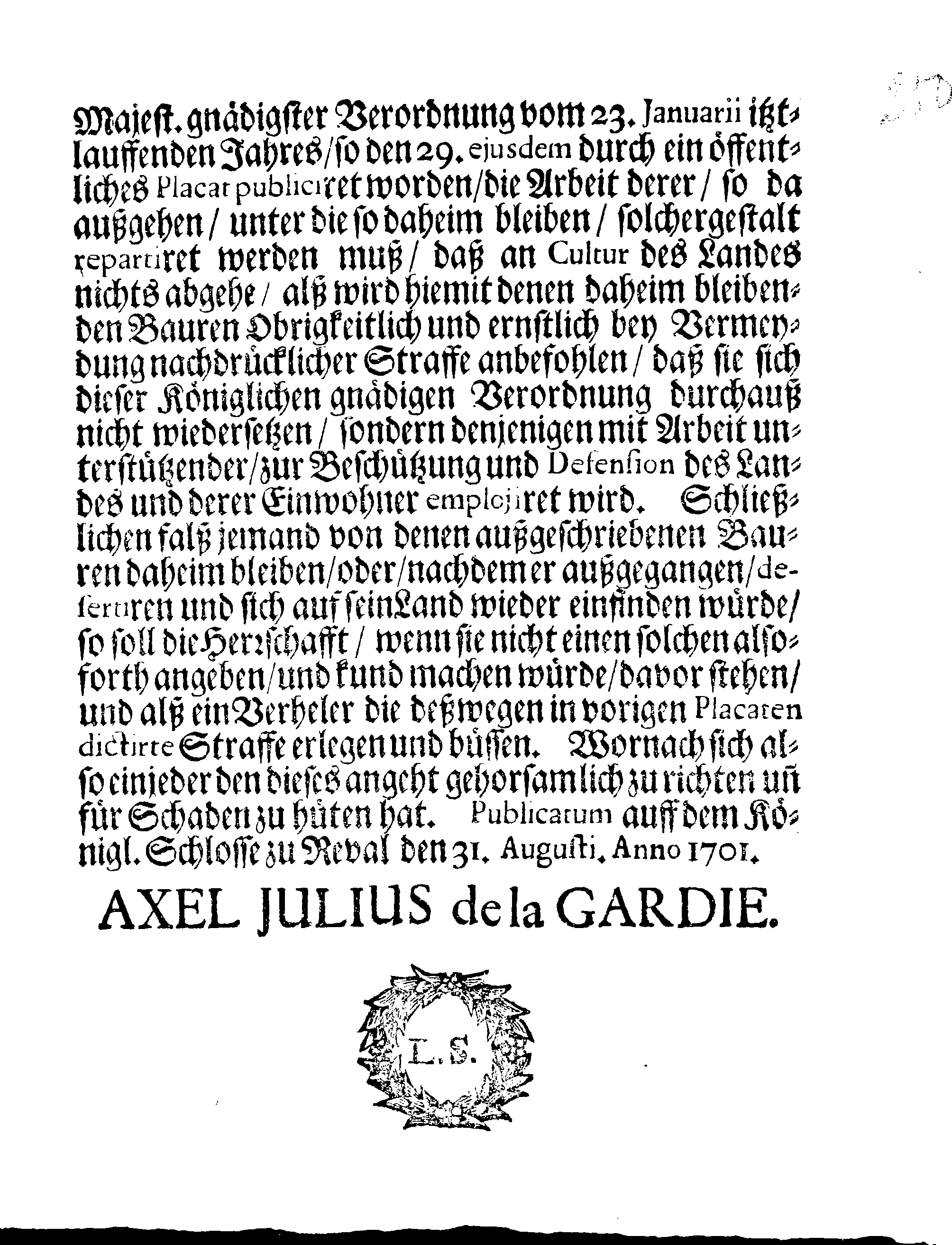 [Axel Julius De la Gardie korraldus]