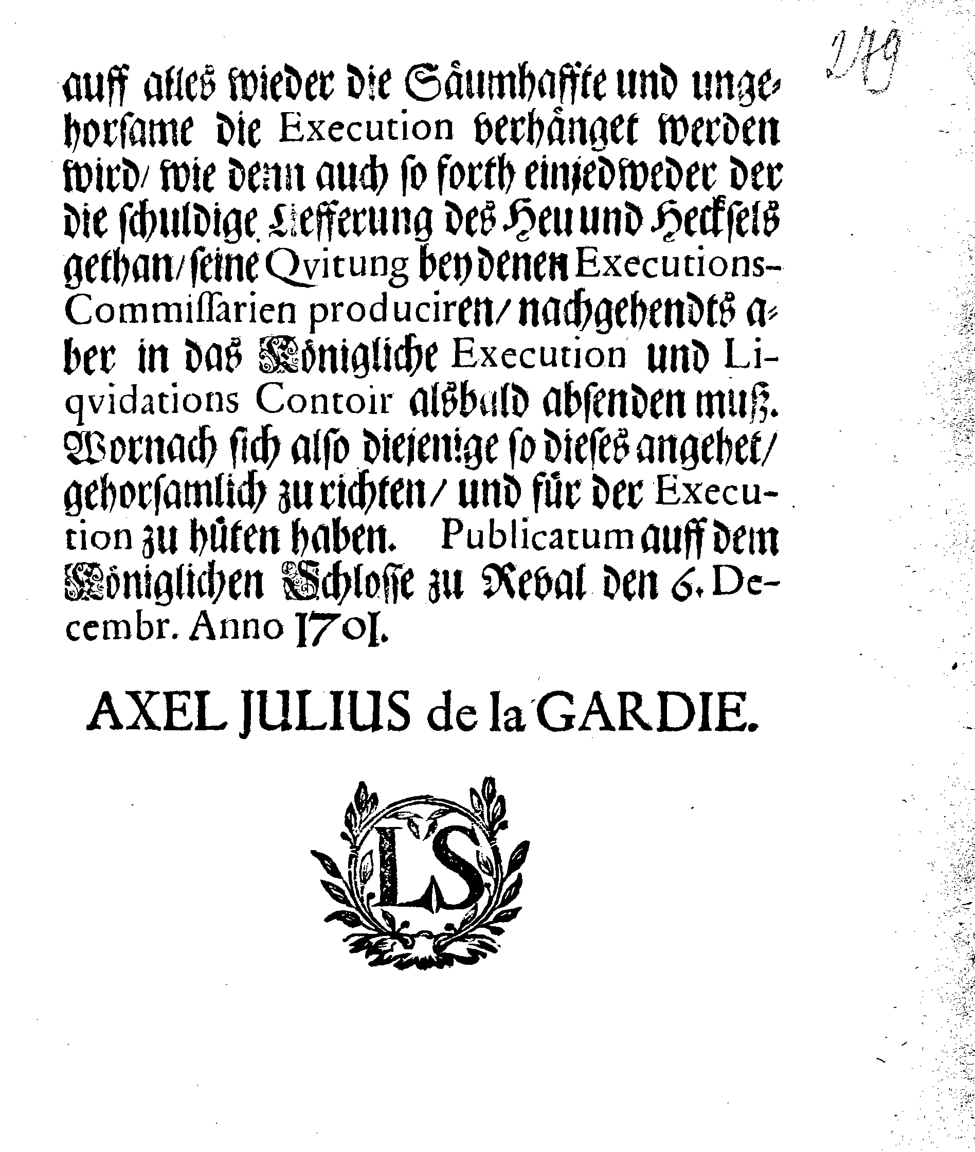 [Axel Julius De la Gardie korraldus]