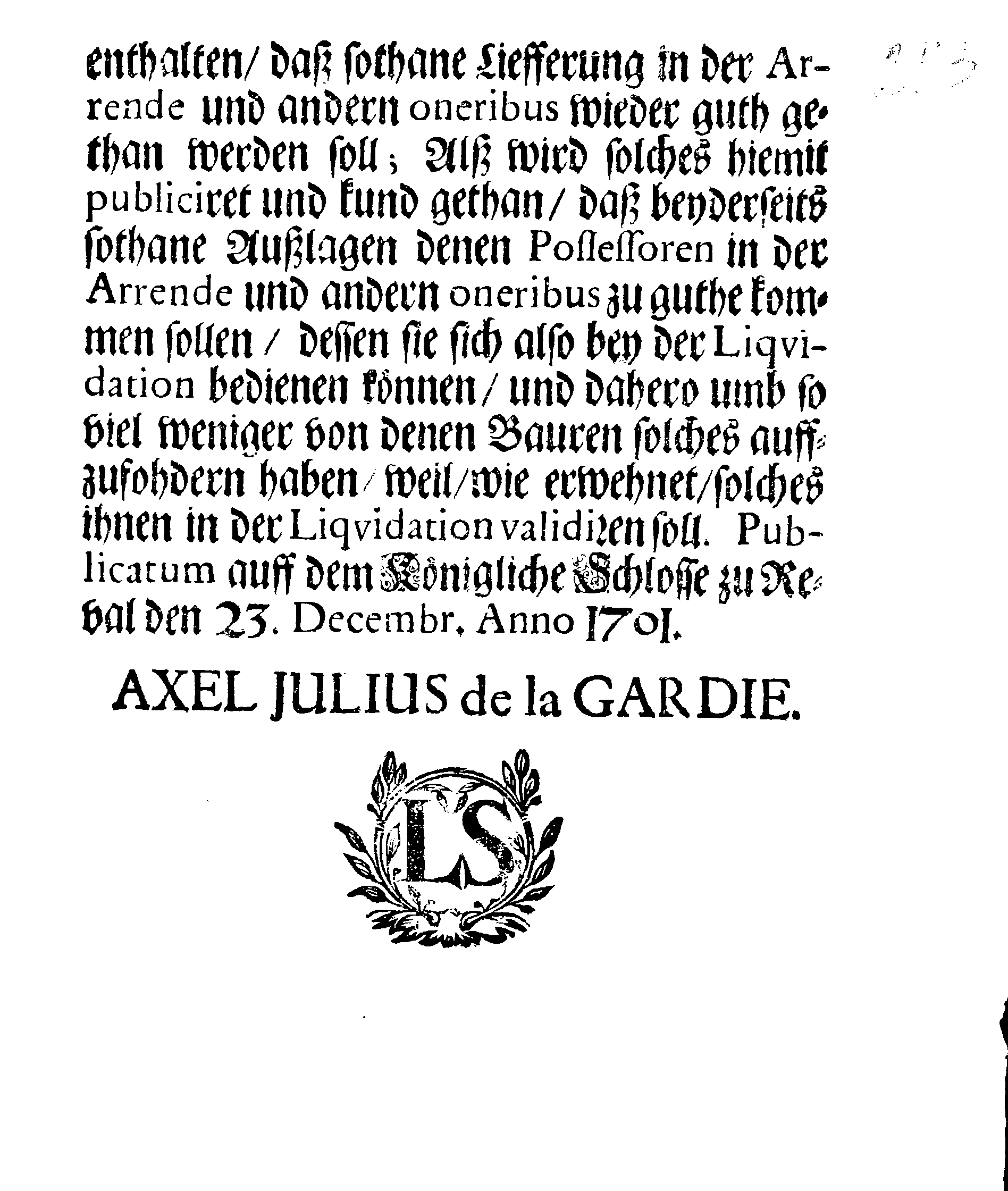 [Axel Julius De la Gardie korraldus]