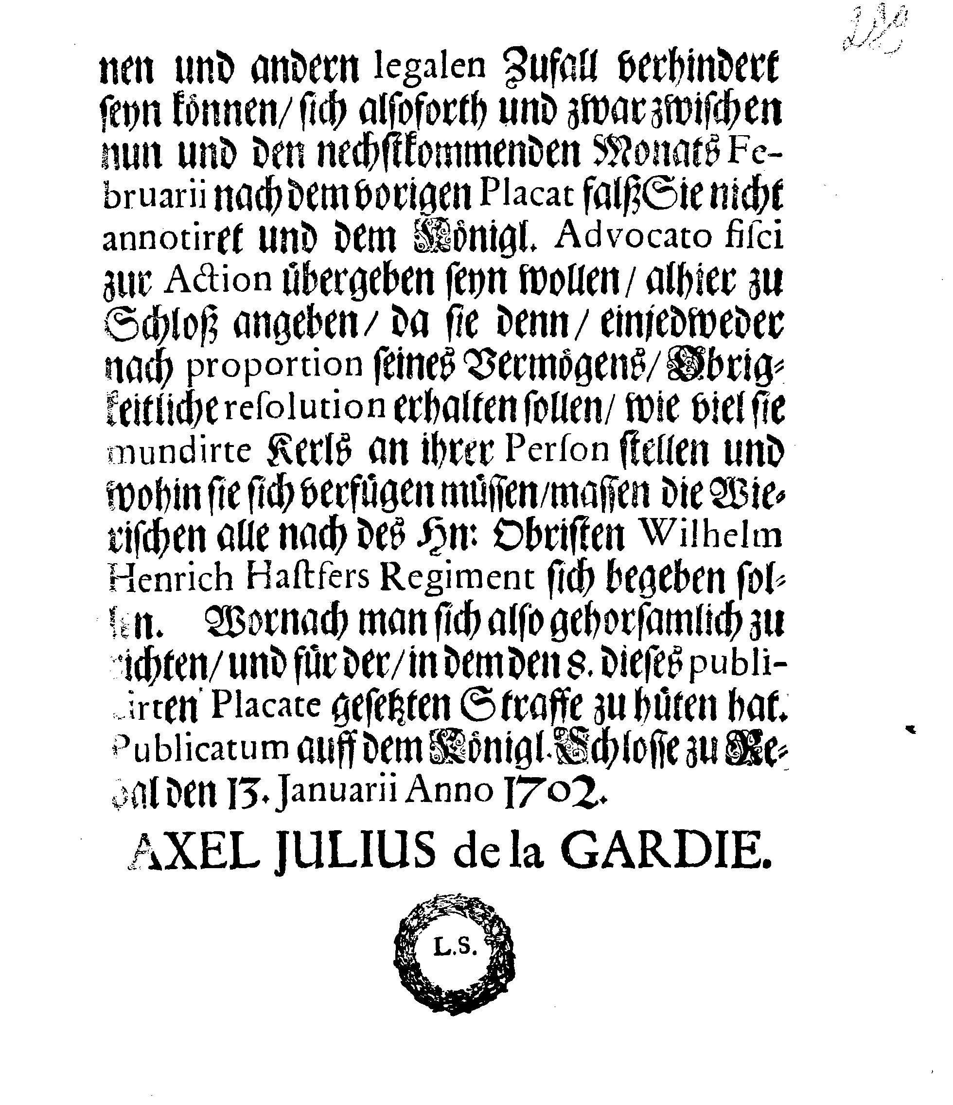 [Axel Julius De la Gardie korraldus]