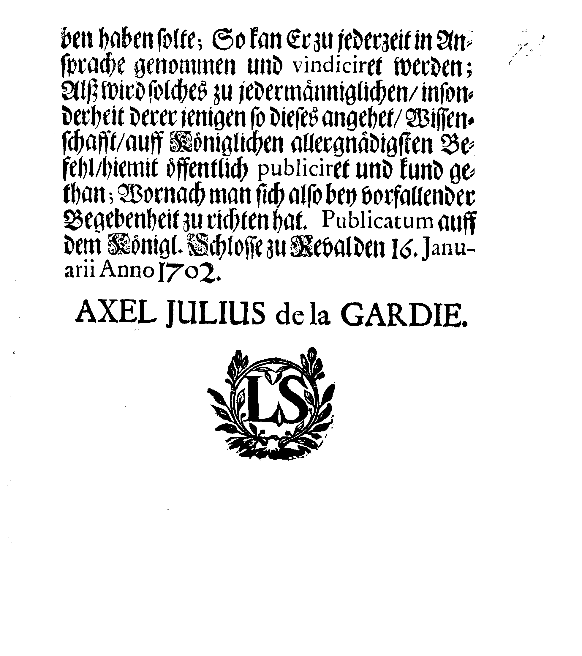 [Axel Julius De la Gardie korraldus]