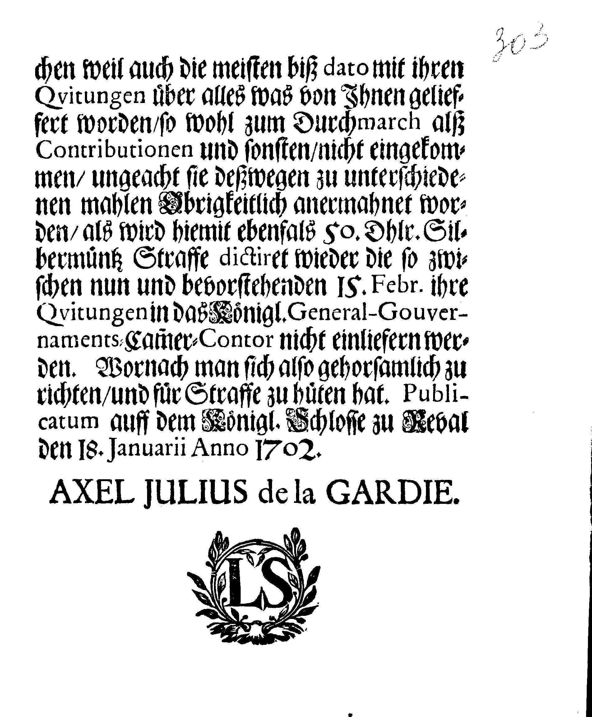 [Axel Julius De la Gardie korraldus]