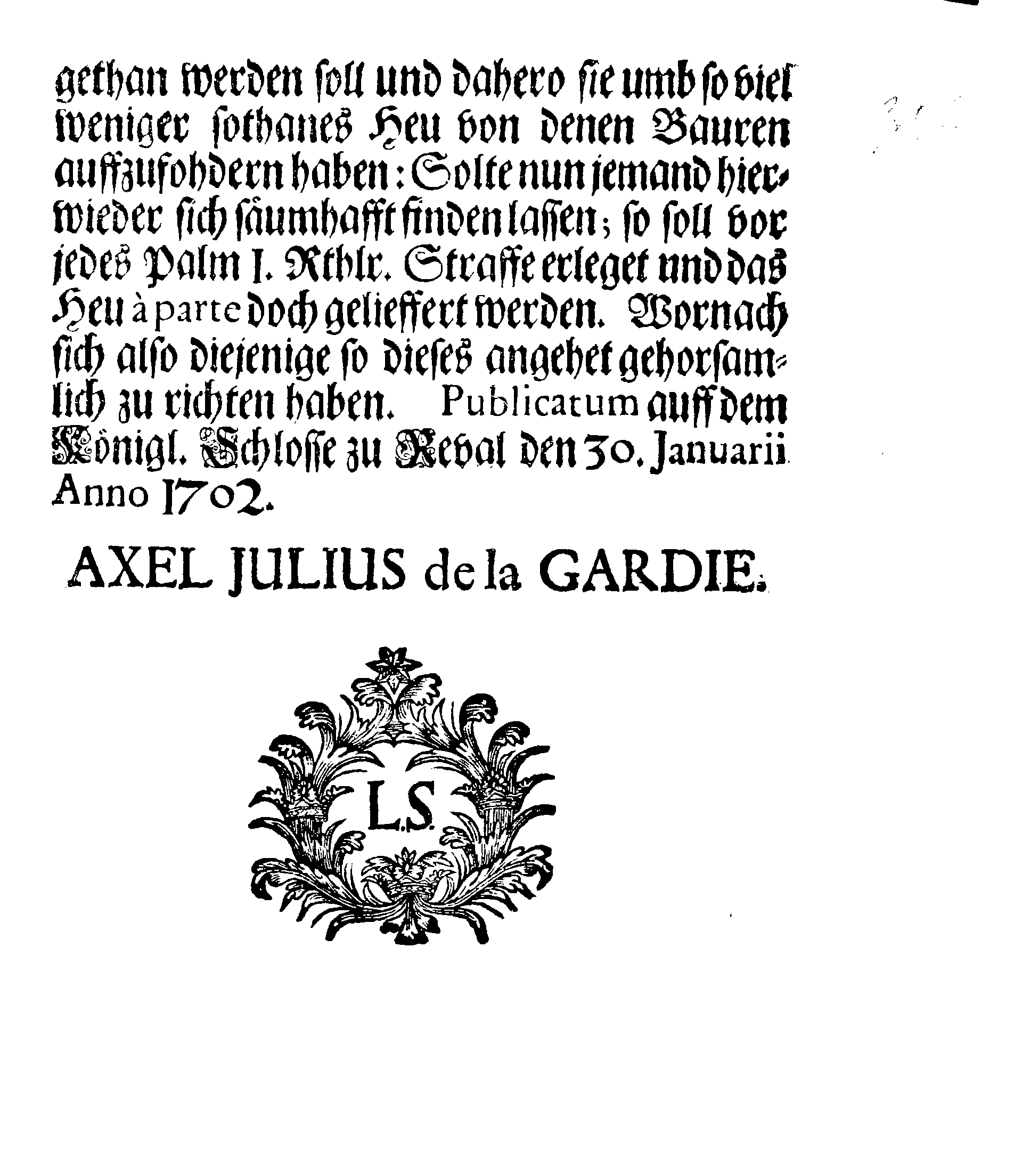 [Axel Julius De la Gardie korraldus]