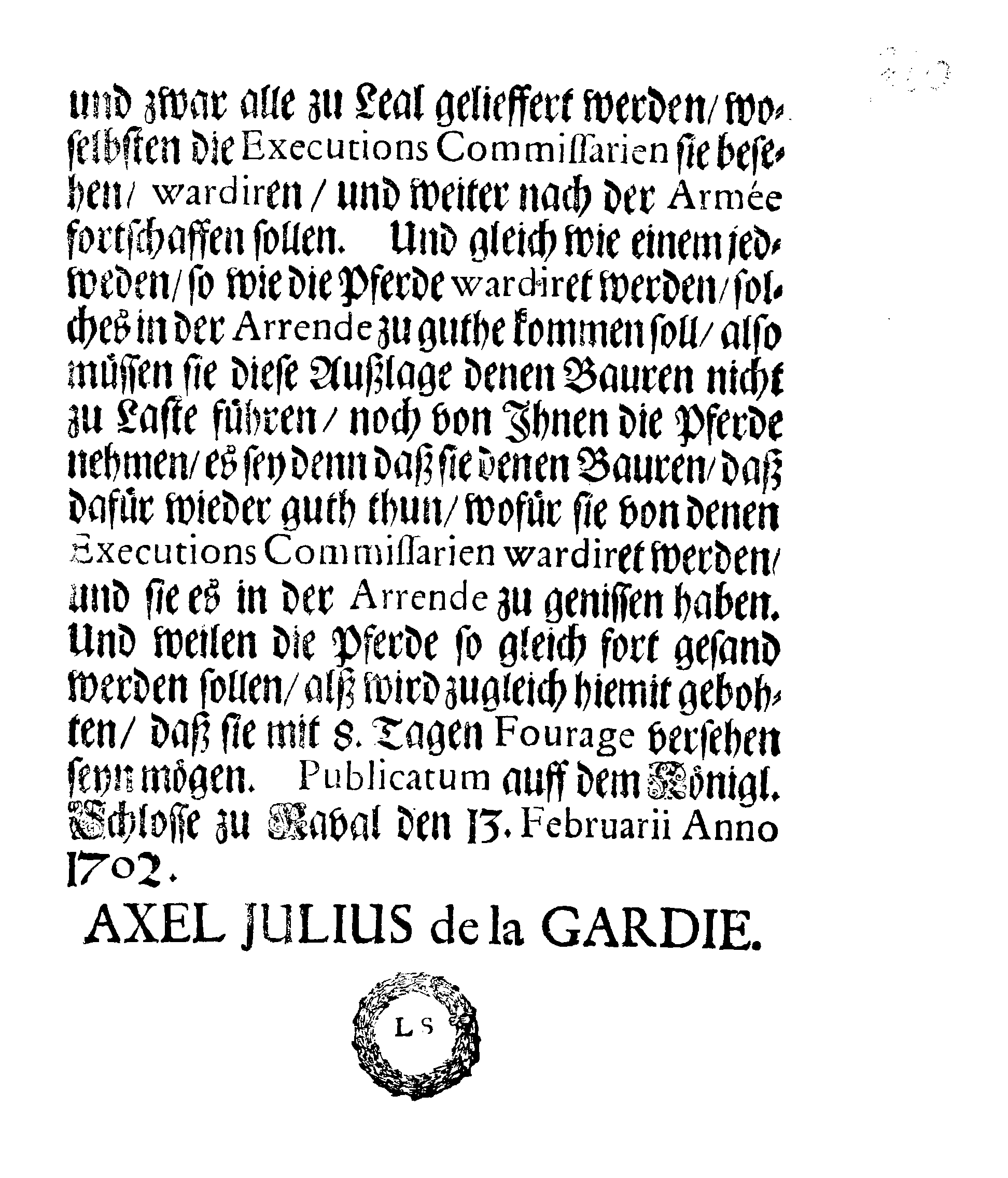 [Axel Julius De la Gardie korraldus]