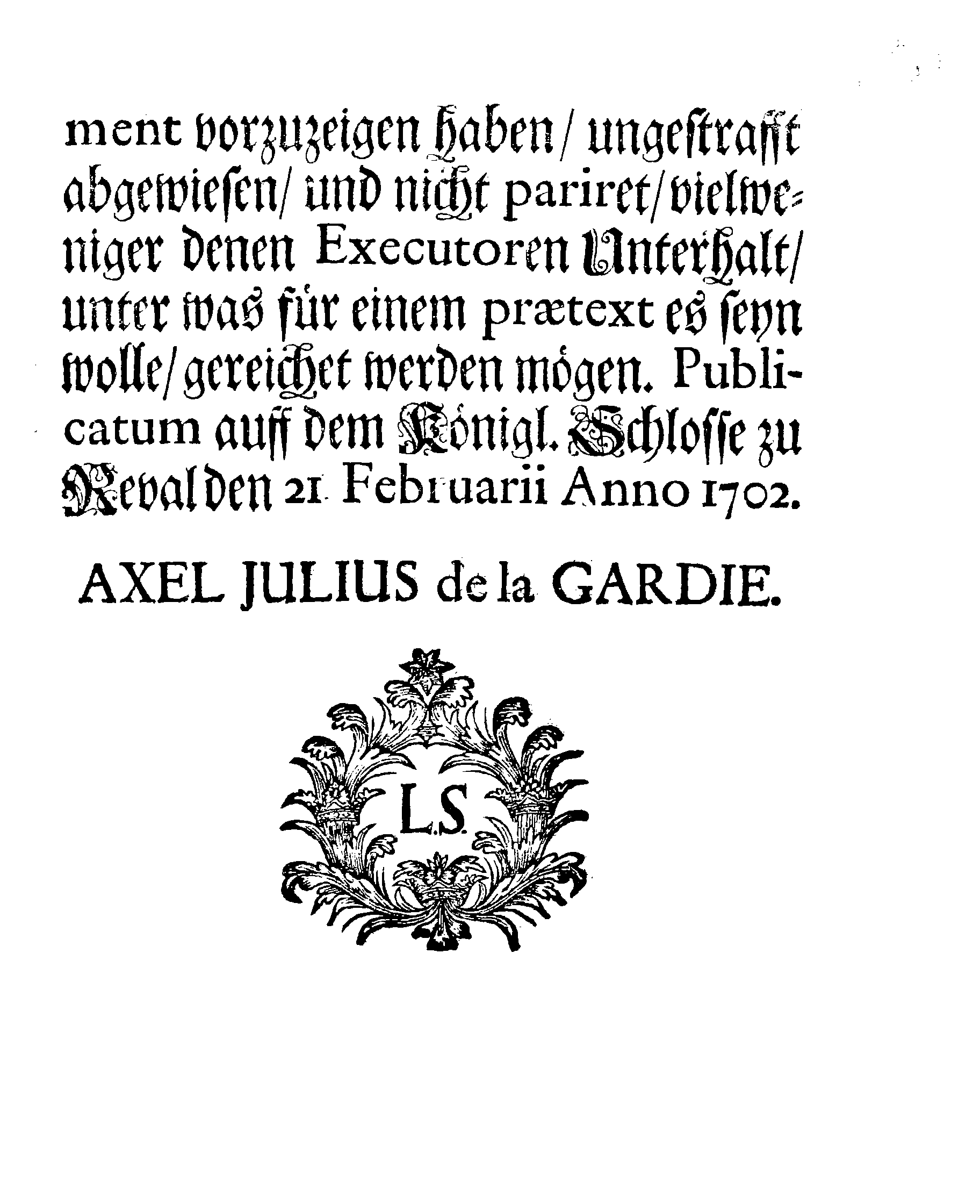 [Axel Julius De la Gardie korraldus]