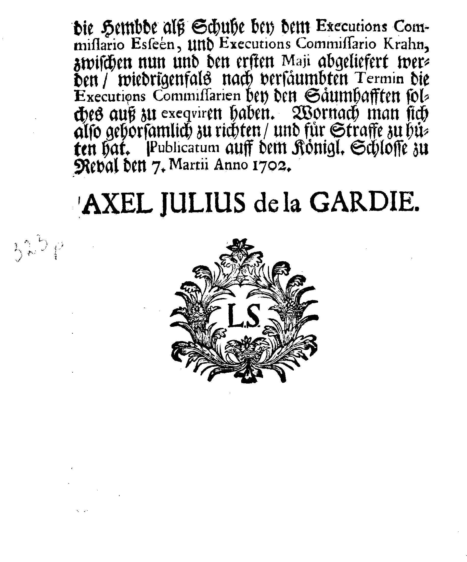 [Axel Julius De la Gardie korraldus]