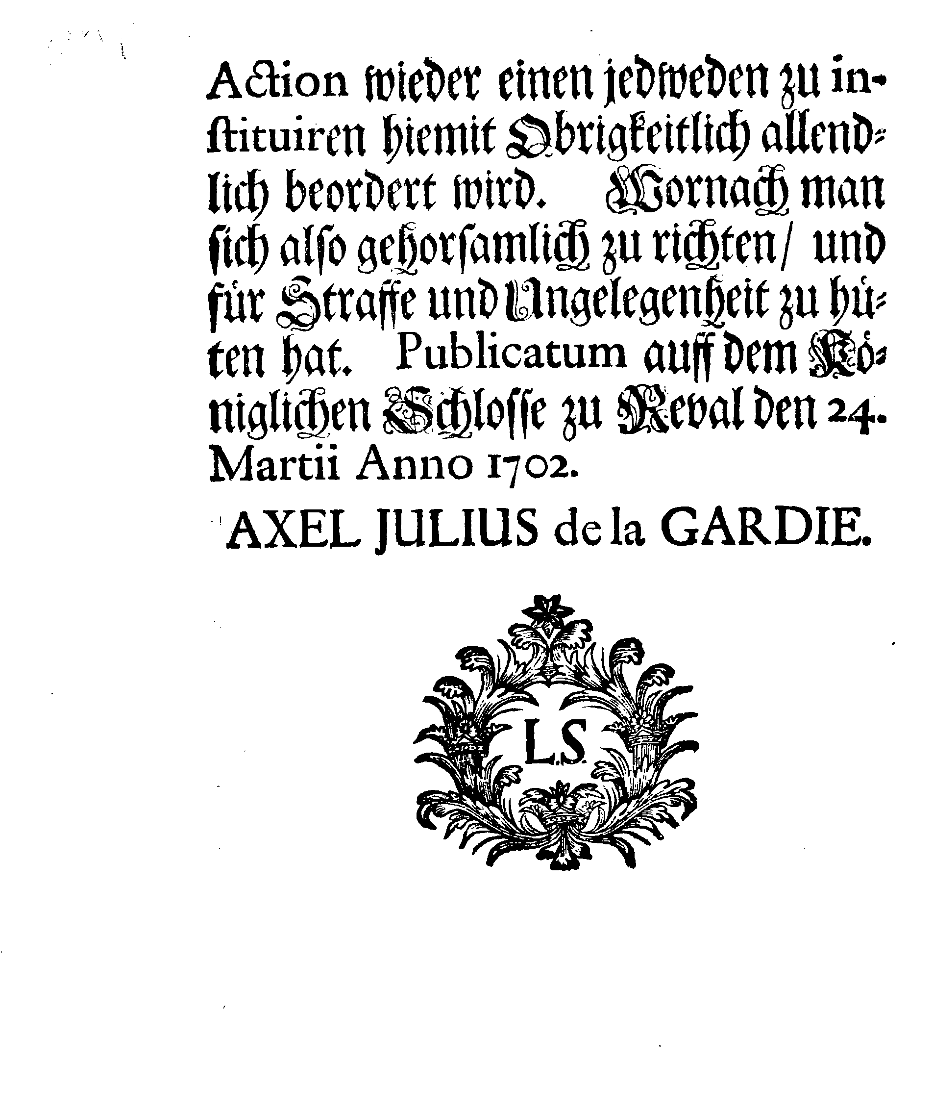 [Axel Julius De la Gardie korraldus]