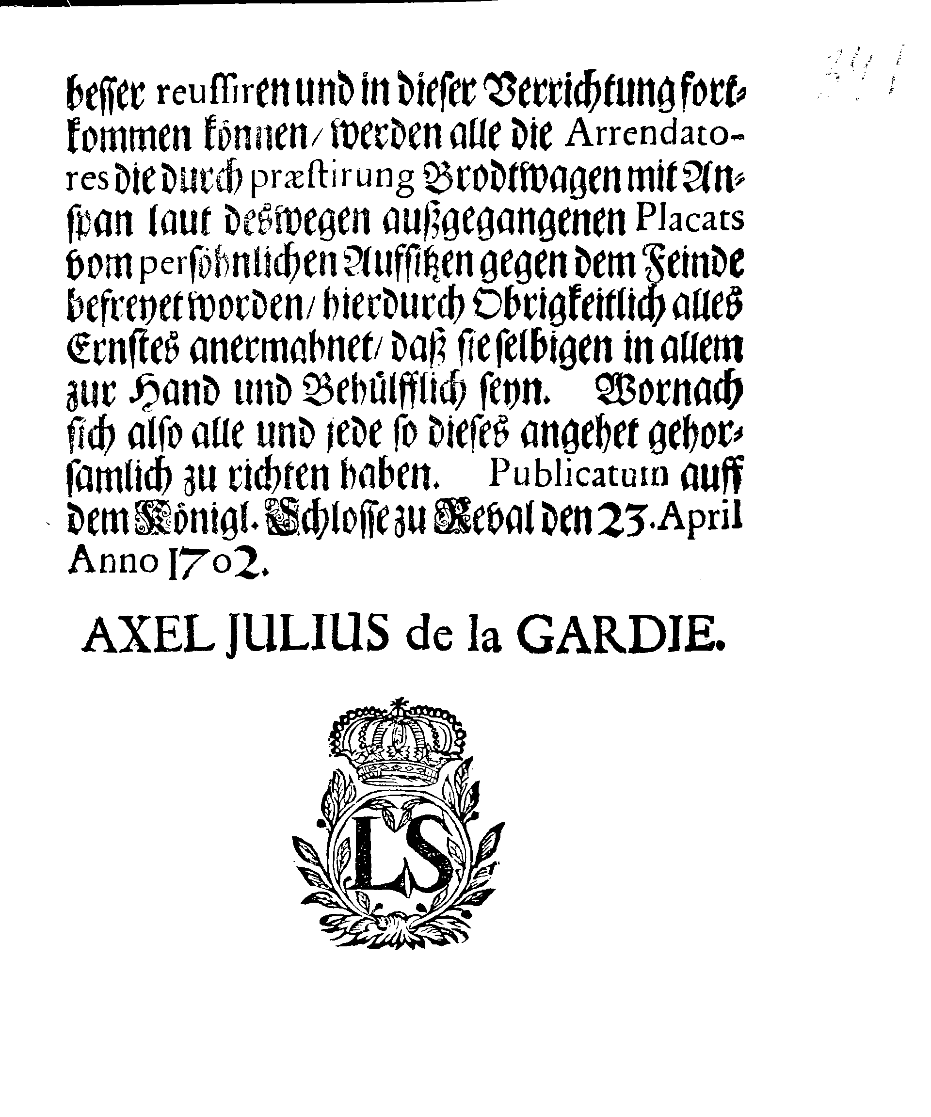 [Axel Julius De la Gardie korraldus]