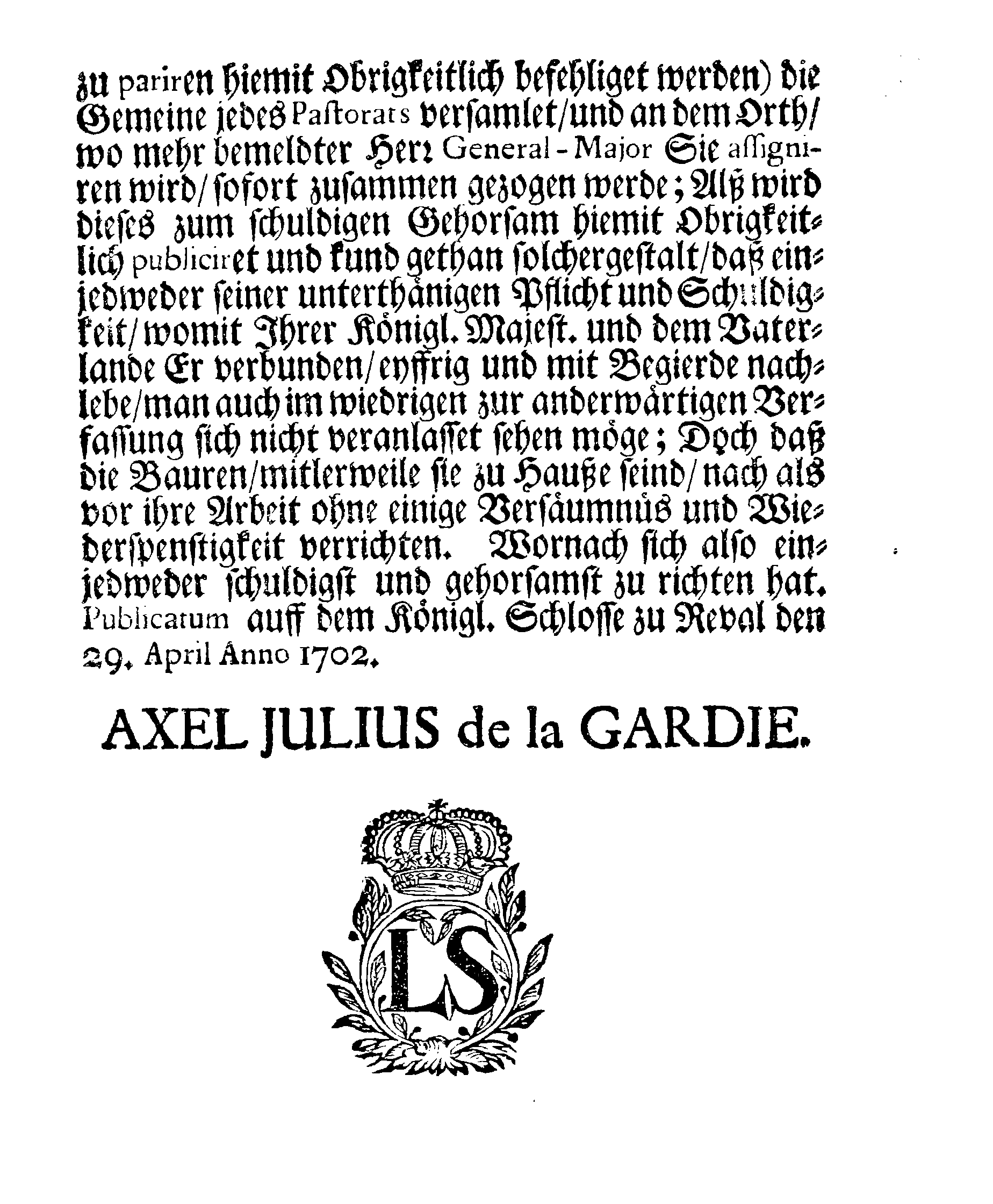 [Axel Julius De la Gardie korraldus]