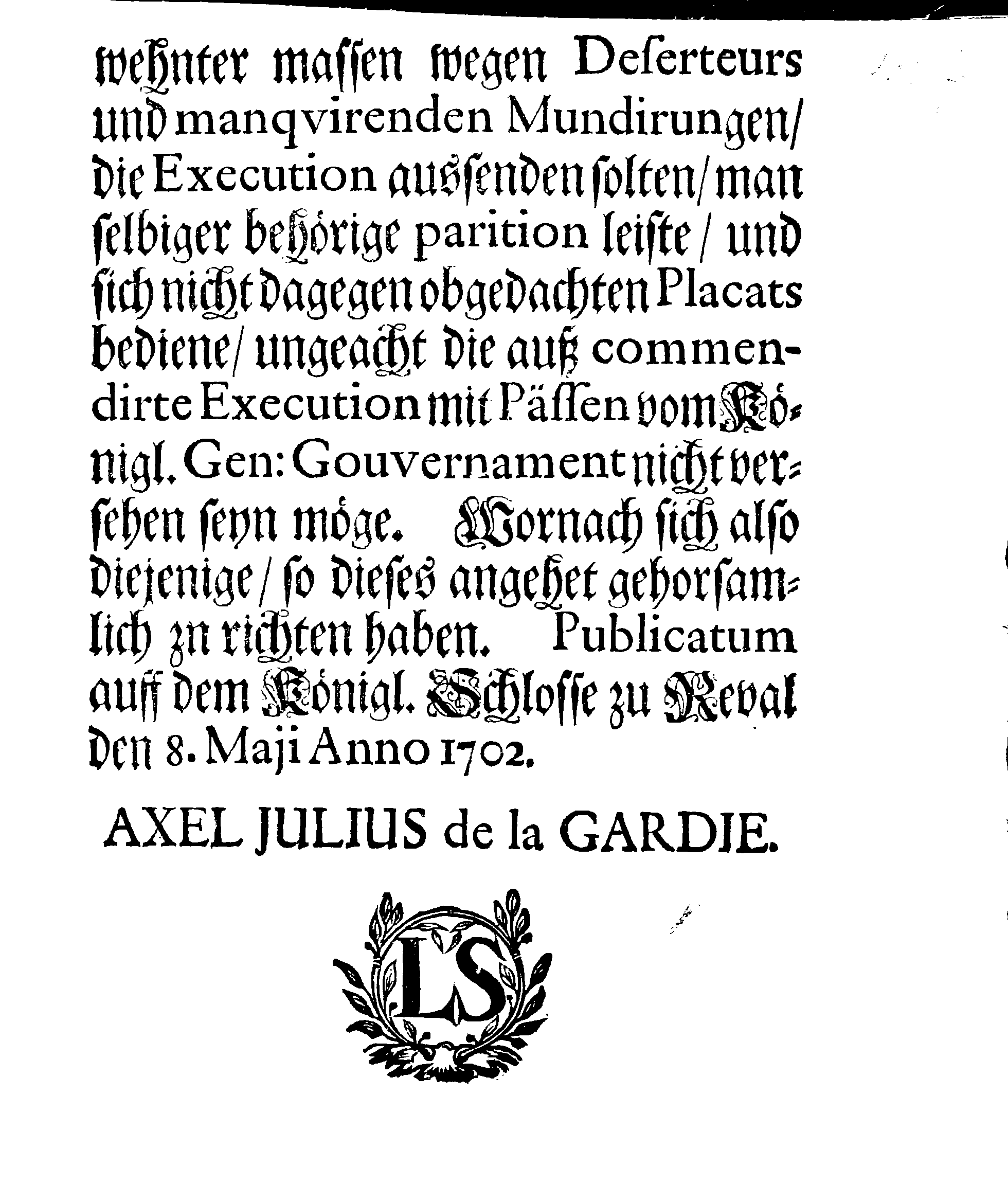 [Axel Julius De la Gardie korraldus]