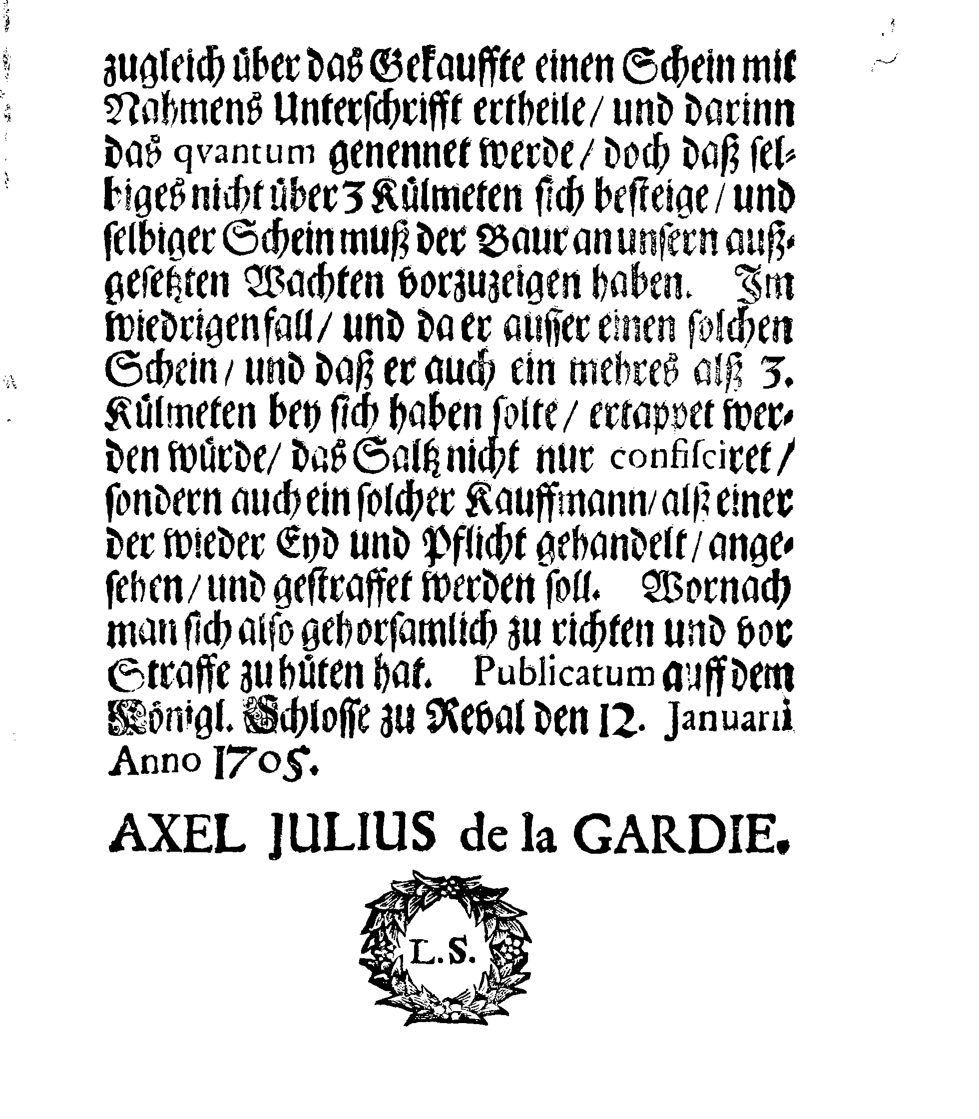 [Axel Julius De la Gardie korraldus]