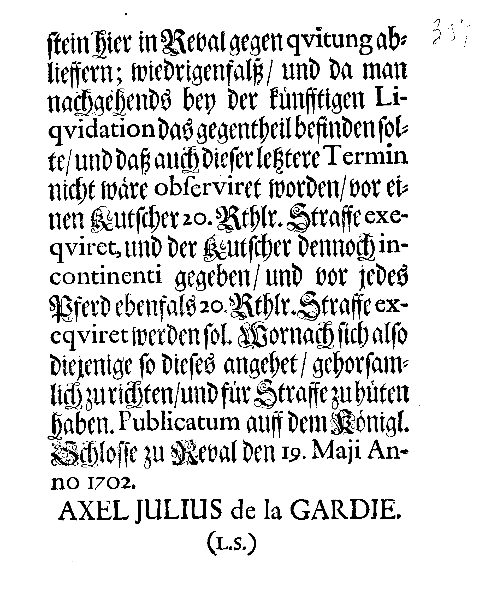 [Axel Julius De la Gardie korraldus]