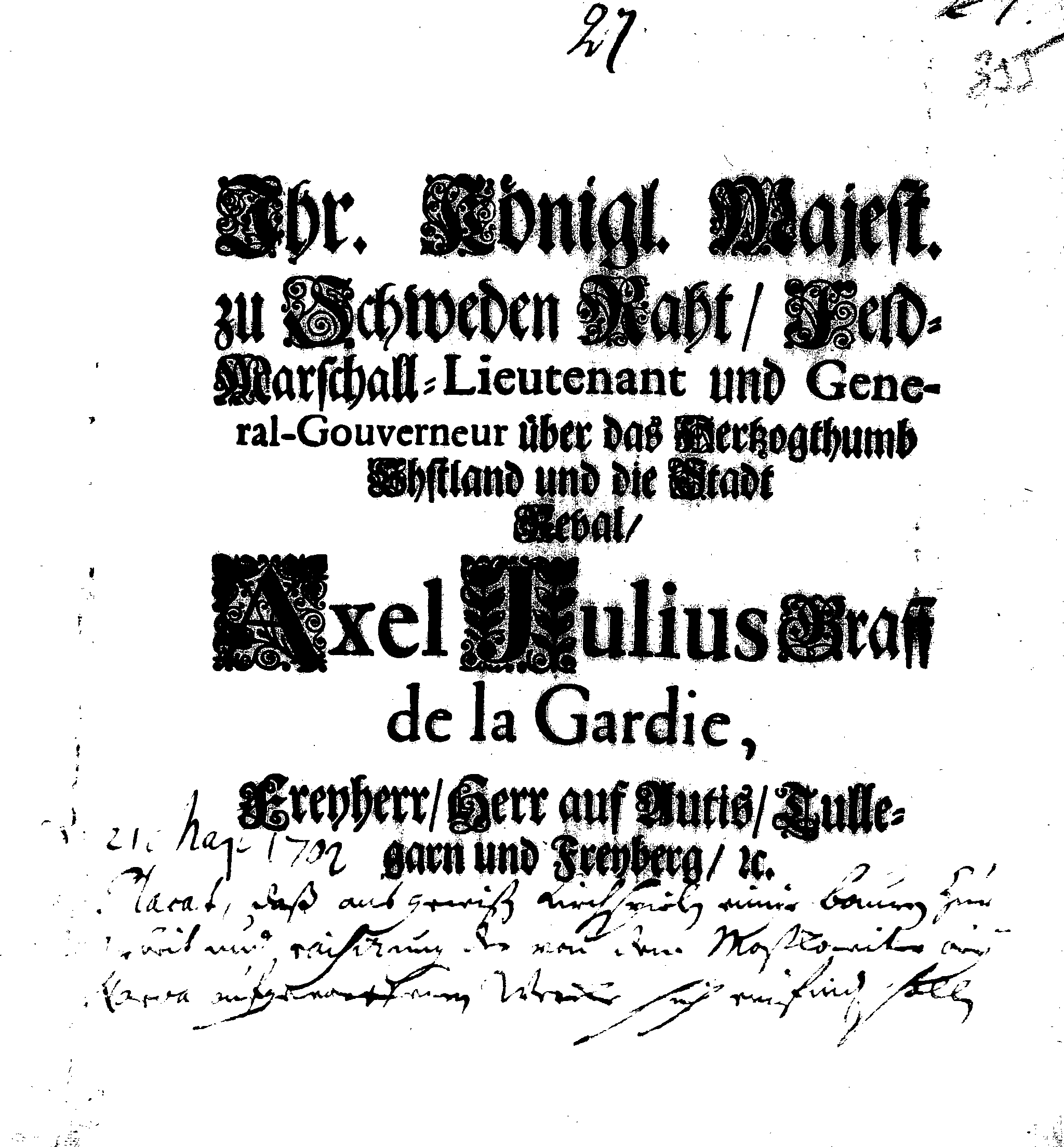 [Axel Julius De la Gardie korraldus]