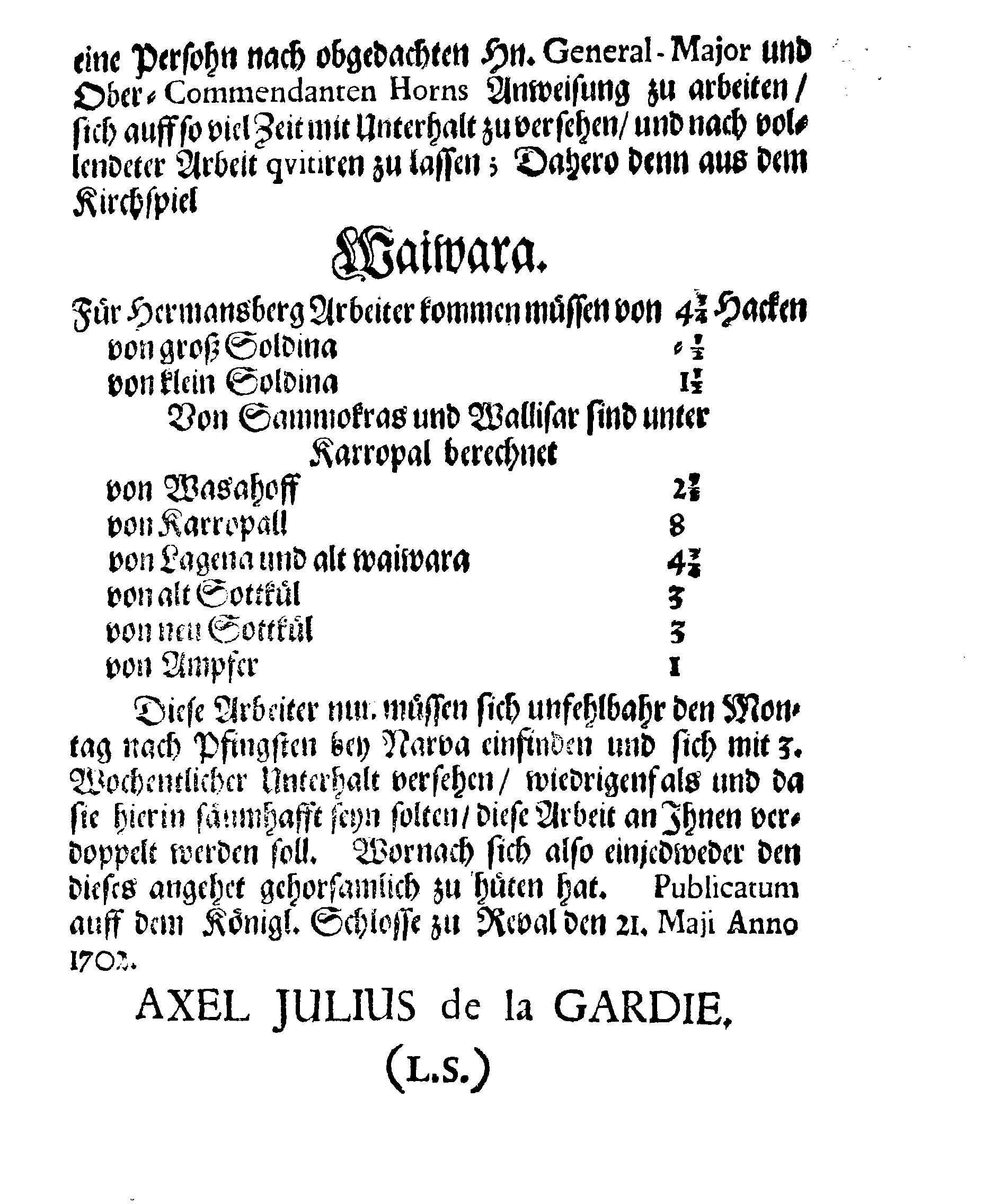 [Axel Julius De la Gardie korraldus]