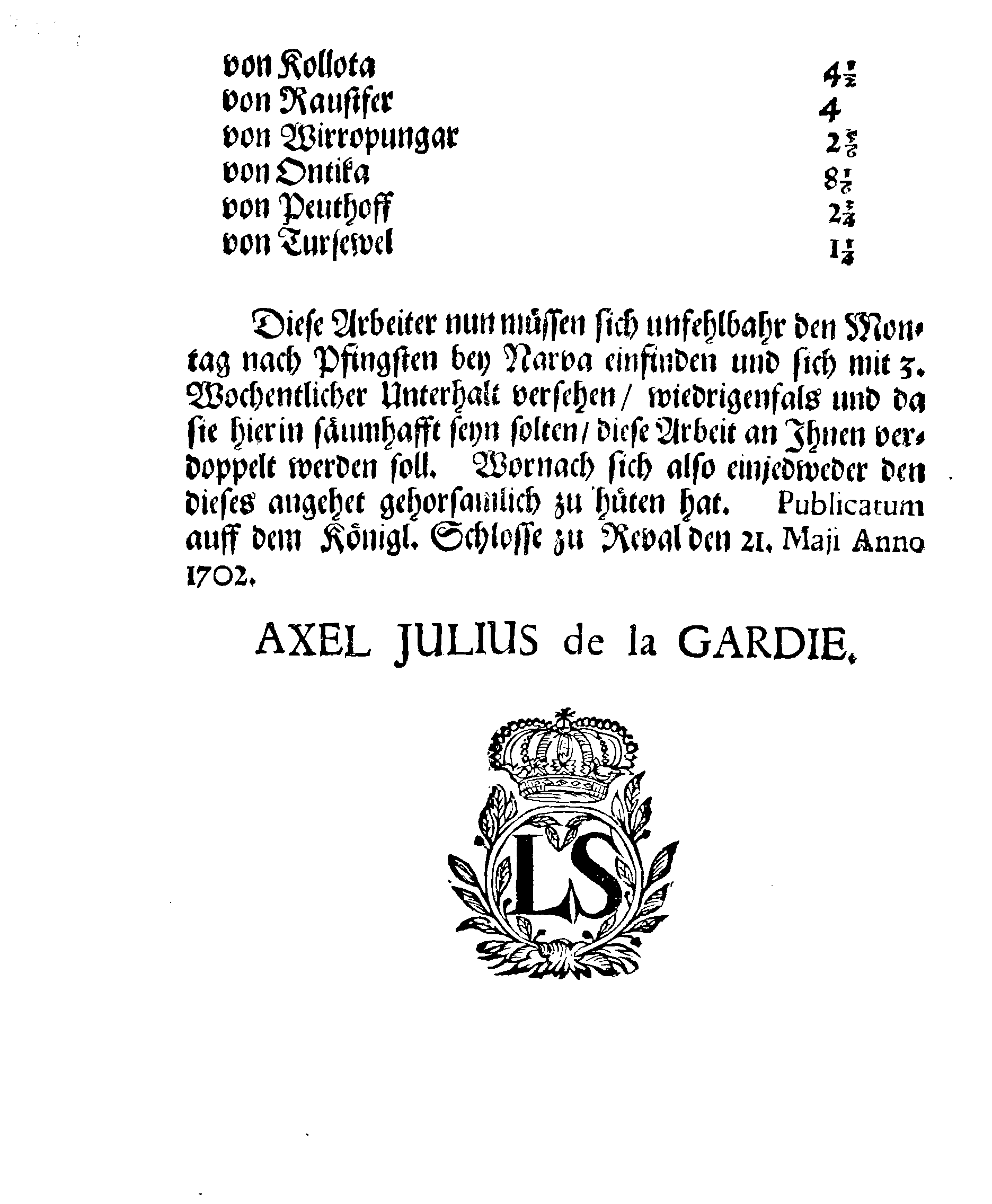 [Axel Julius De la Gardie korraldus]