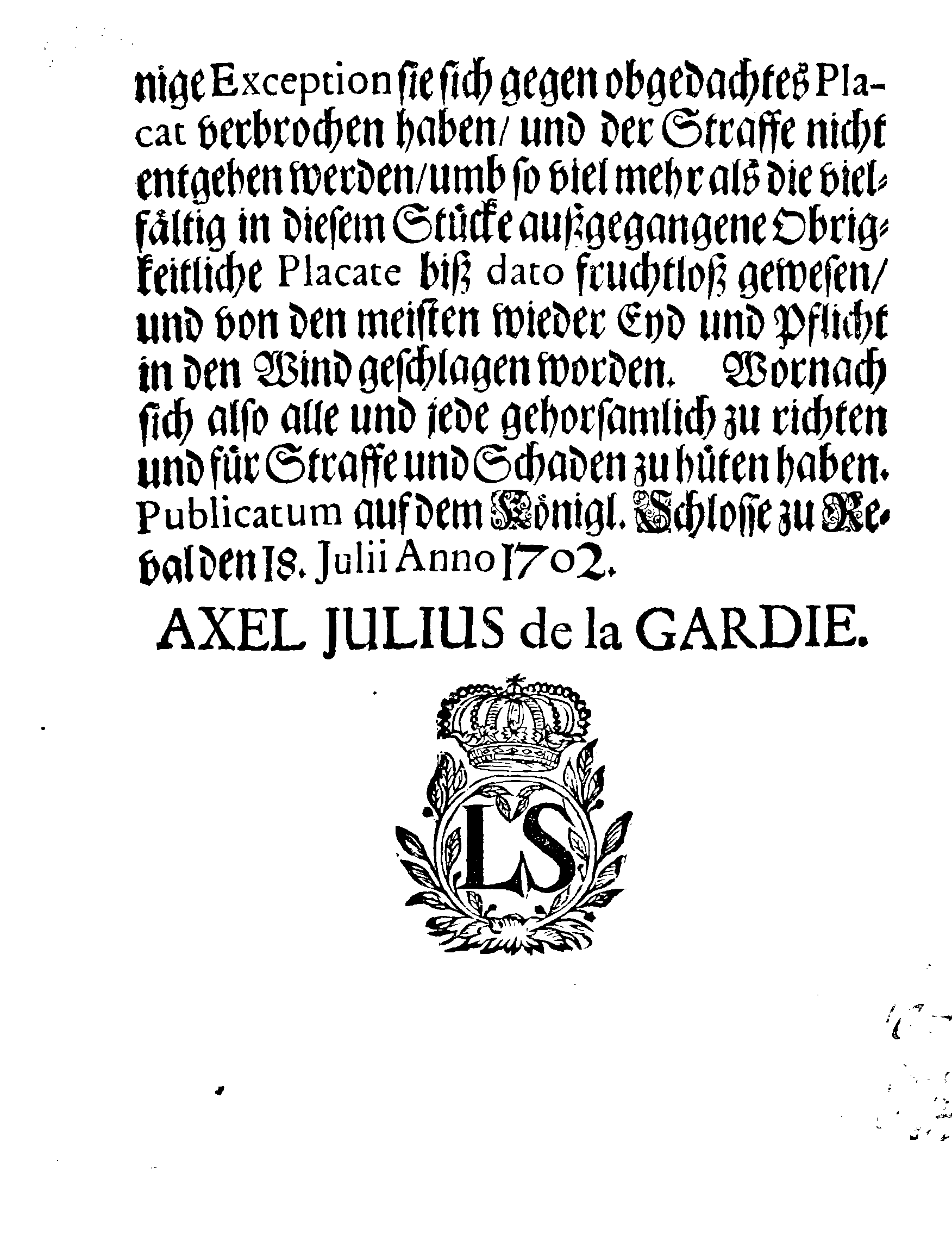 [Axel Julius De la Gardie korraldus]