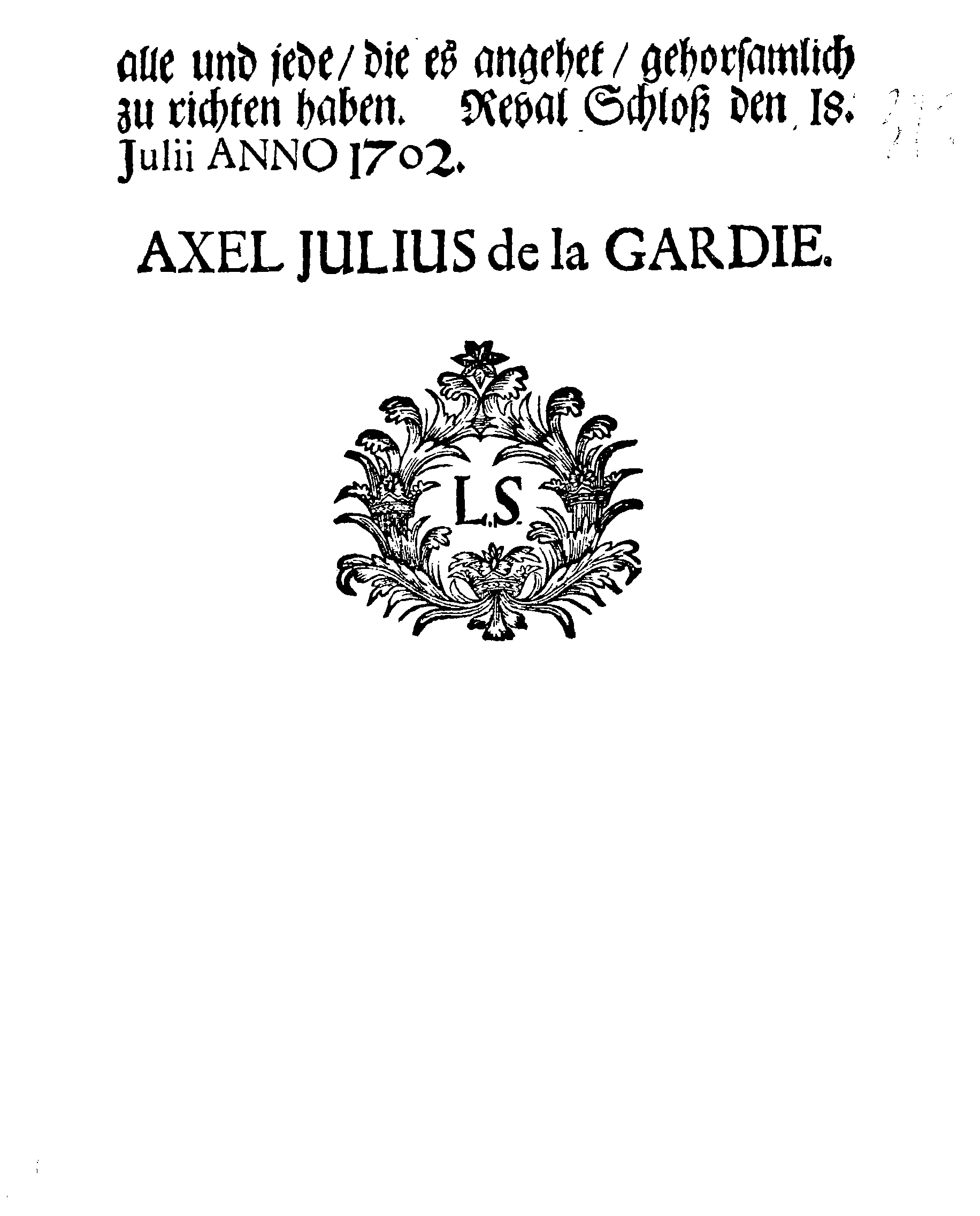 [Axel Julius De la Gardie korraldus]