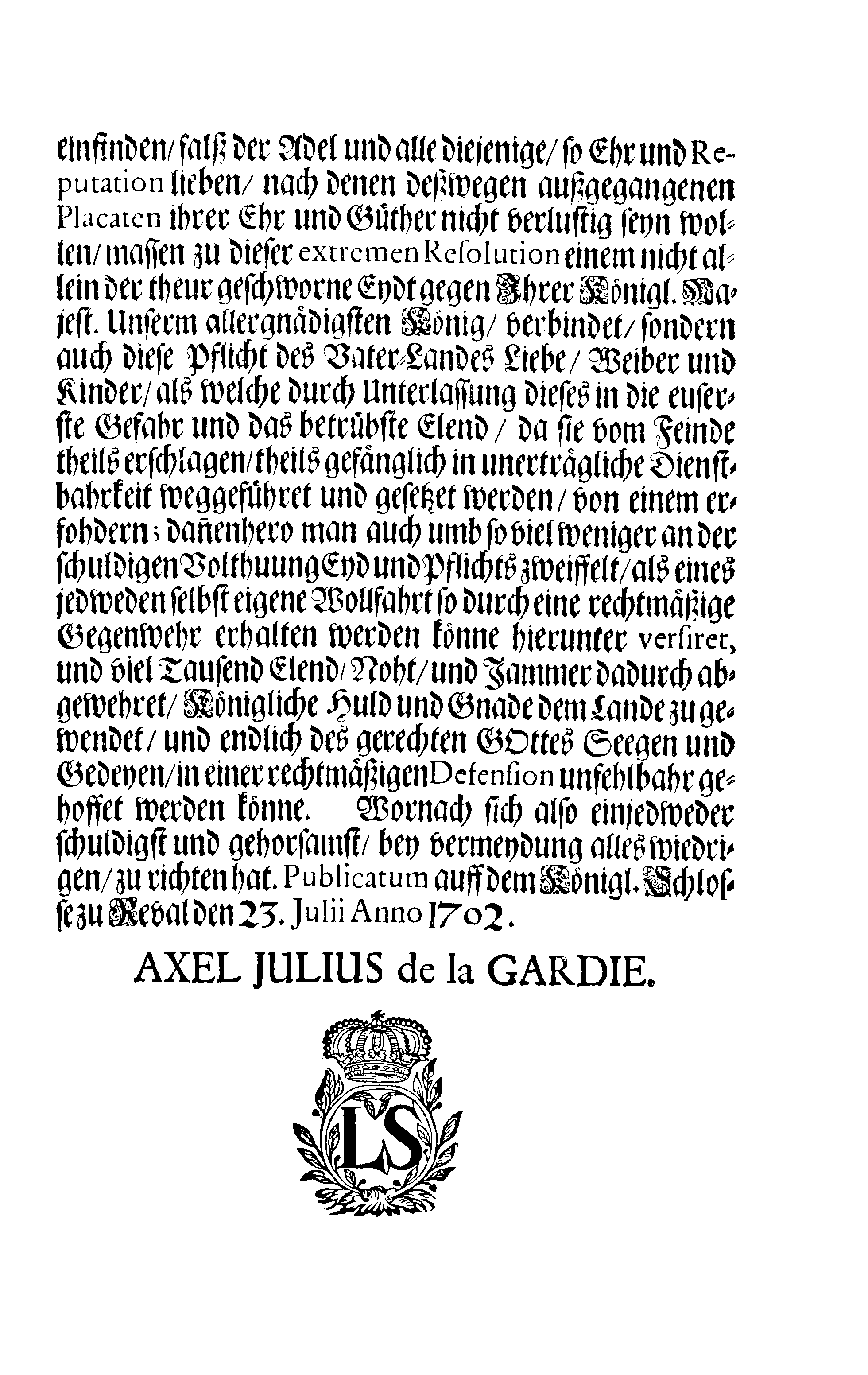 [Axel Julius De la Gardie korraldus]