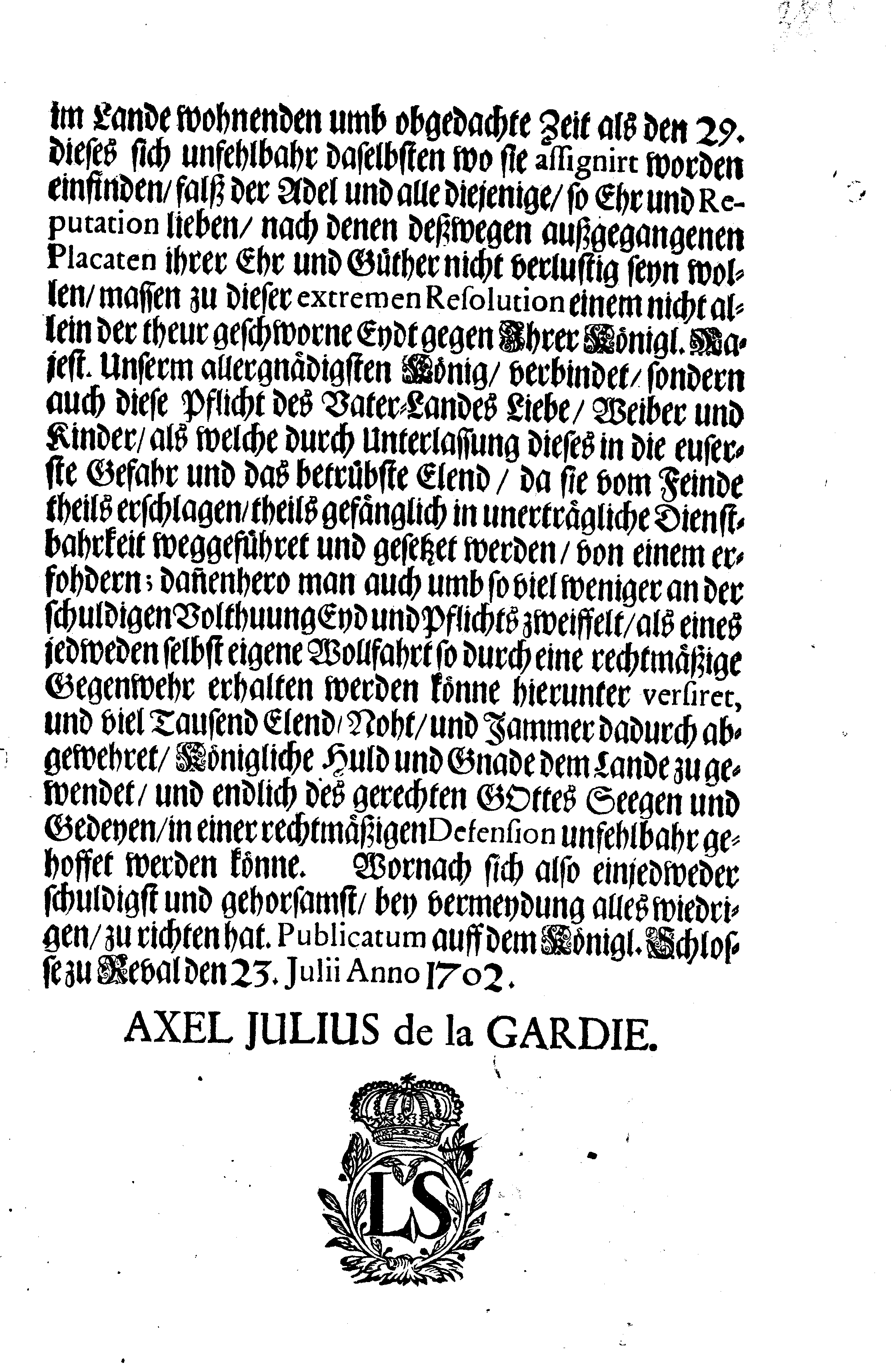 [Axel Julius De la Gardie korraldus]