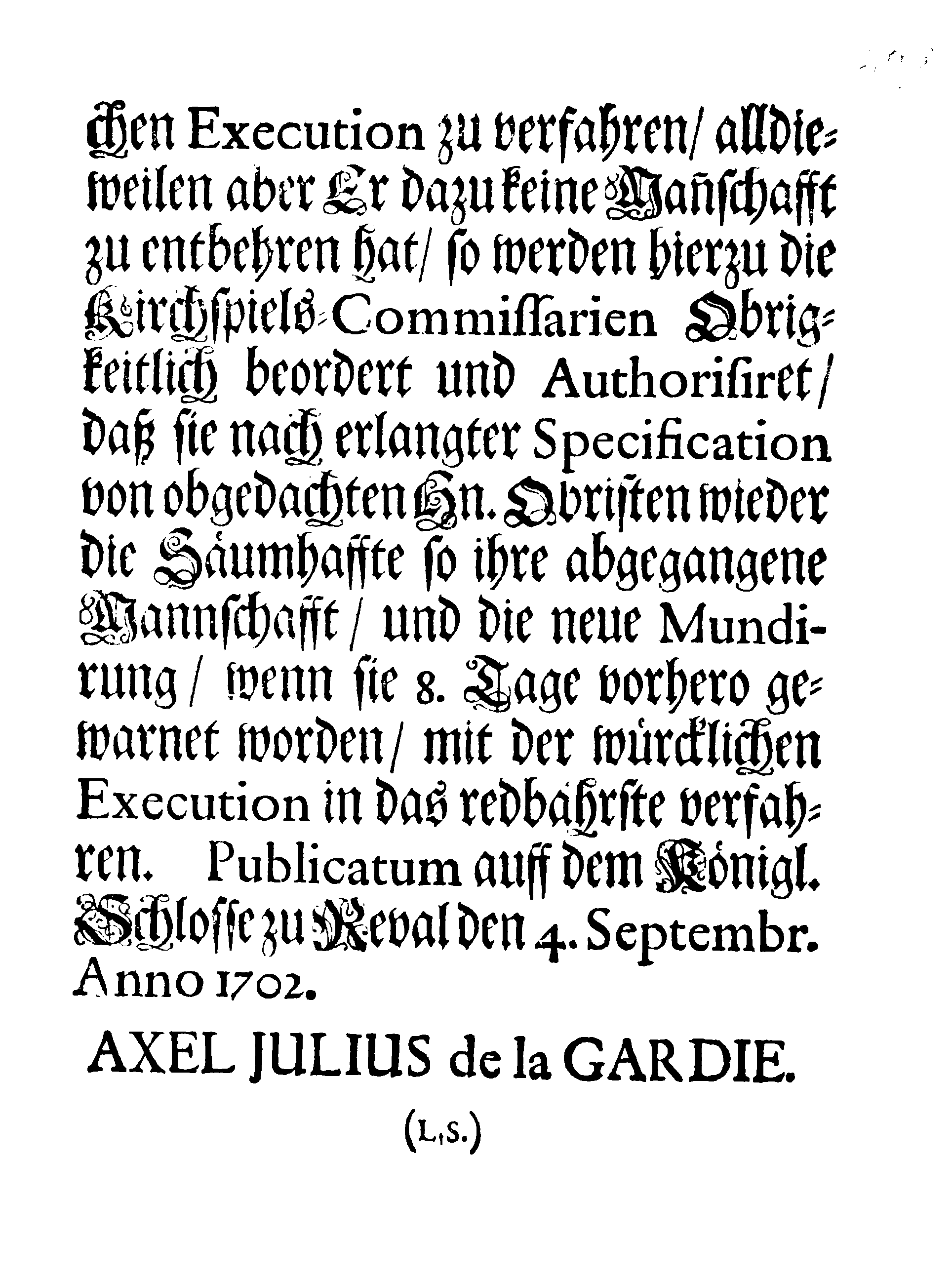 [Axel Julius De la Gardie korraldus]