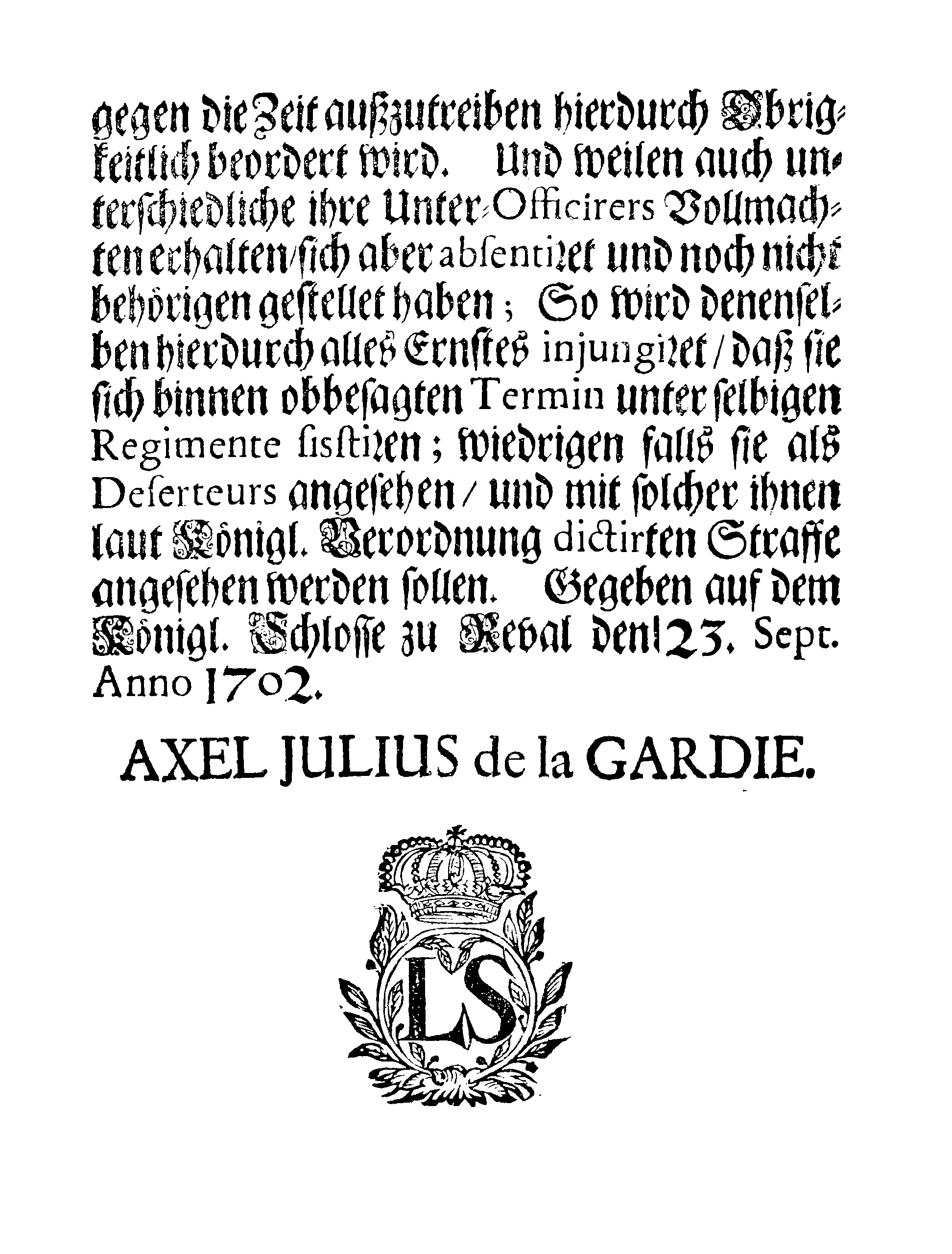 [Axel Julius De la Gardie korraldus]