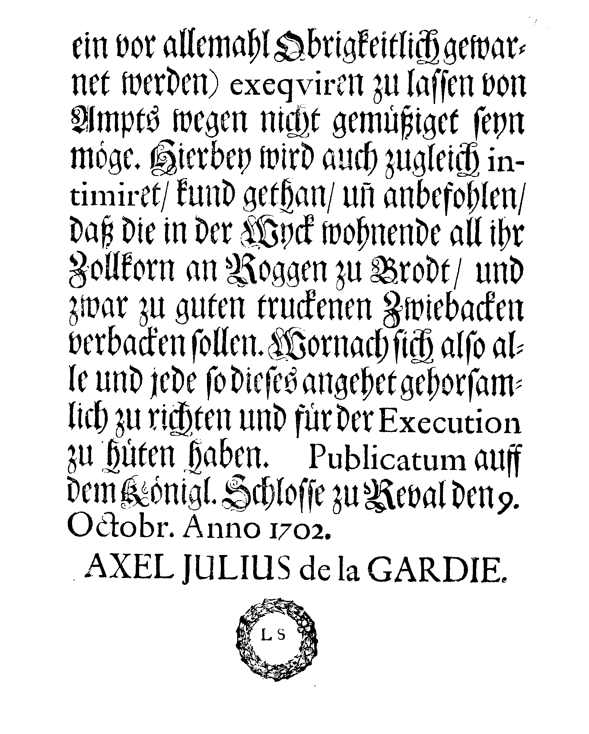 [Axel Julius De la Gardie korraldus]