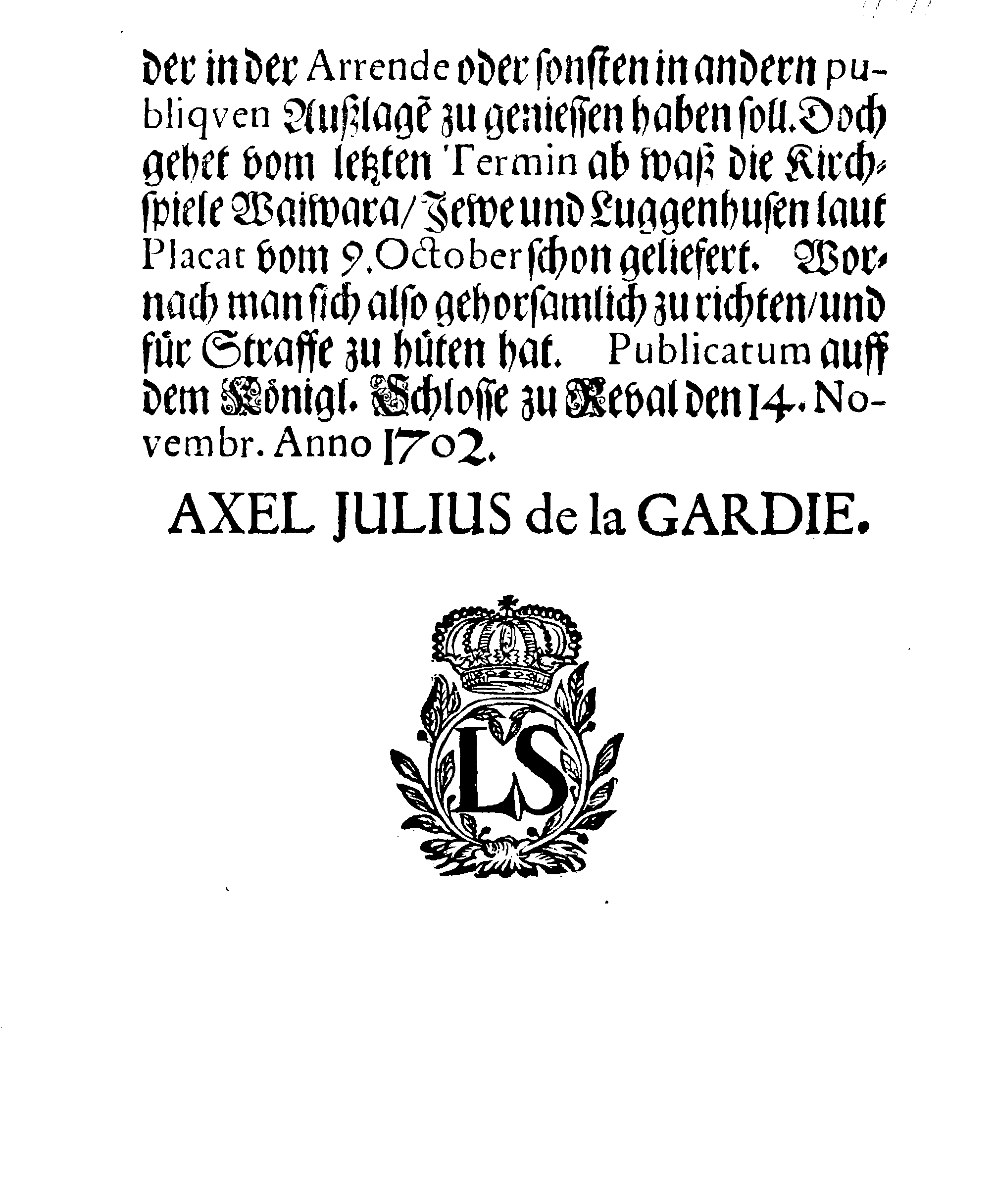 [Axel Julius De la Gardie korraldus]