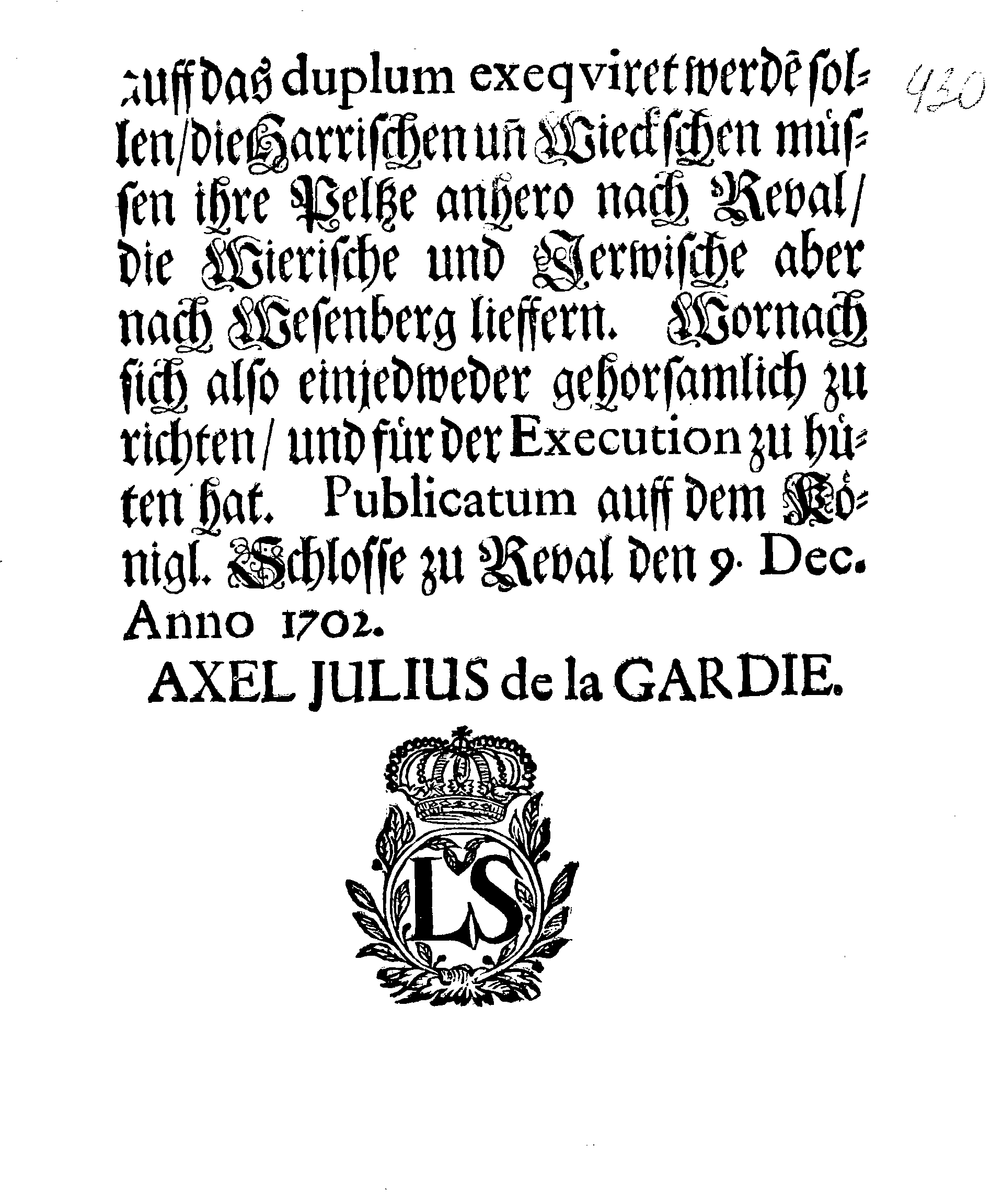 [Axel Julius De la Gardie korraldus]