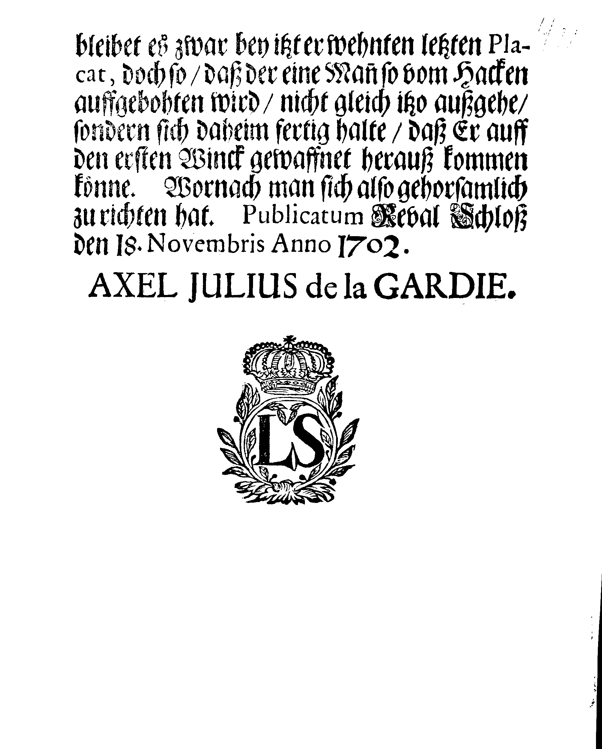 [Axel Julius De la Gardie korraldus]