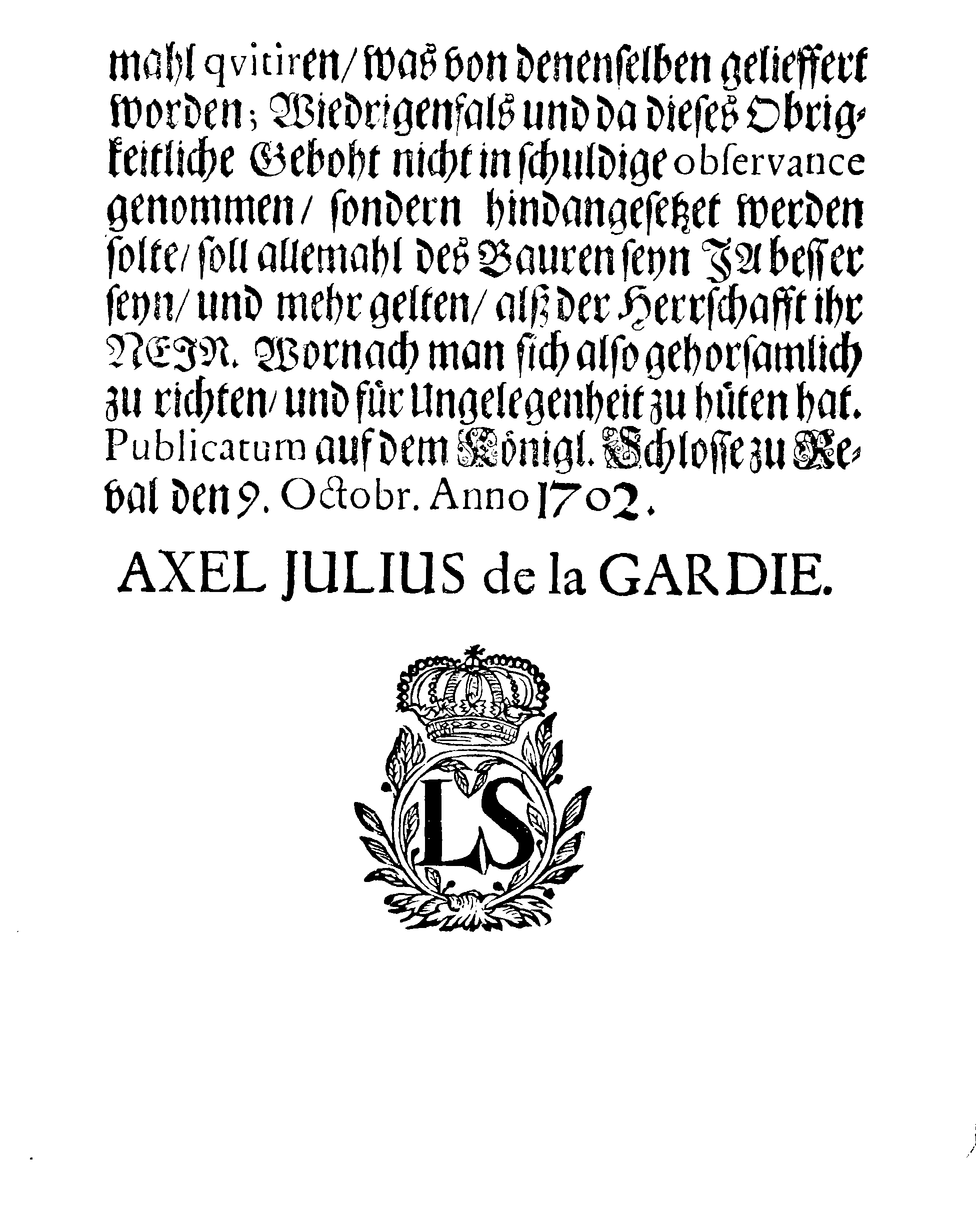 [Axel Julius De la Gardie korraldus]