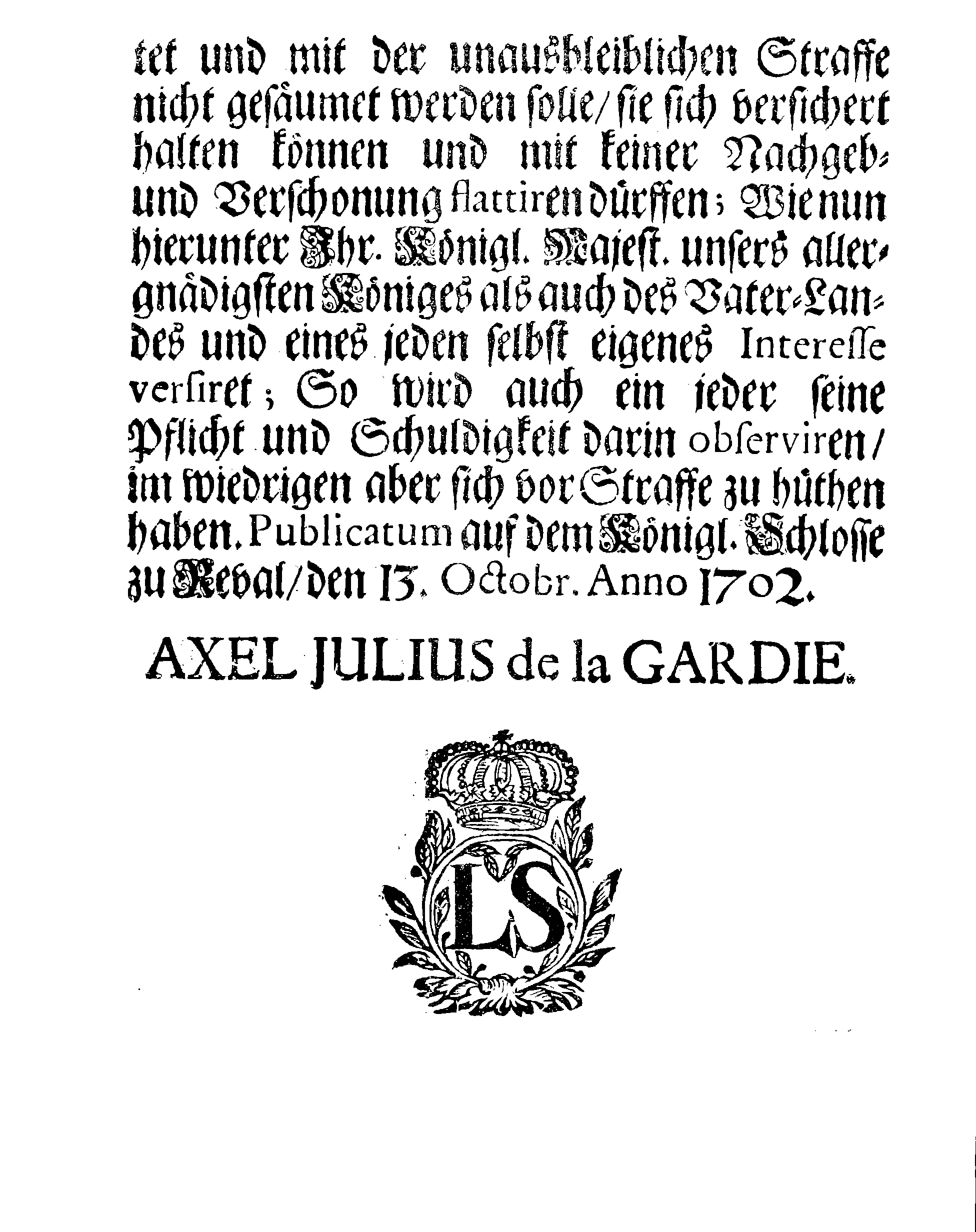 [Axel Julius De la Gardie korraldus]