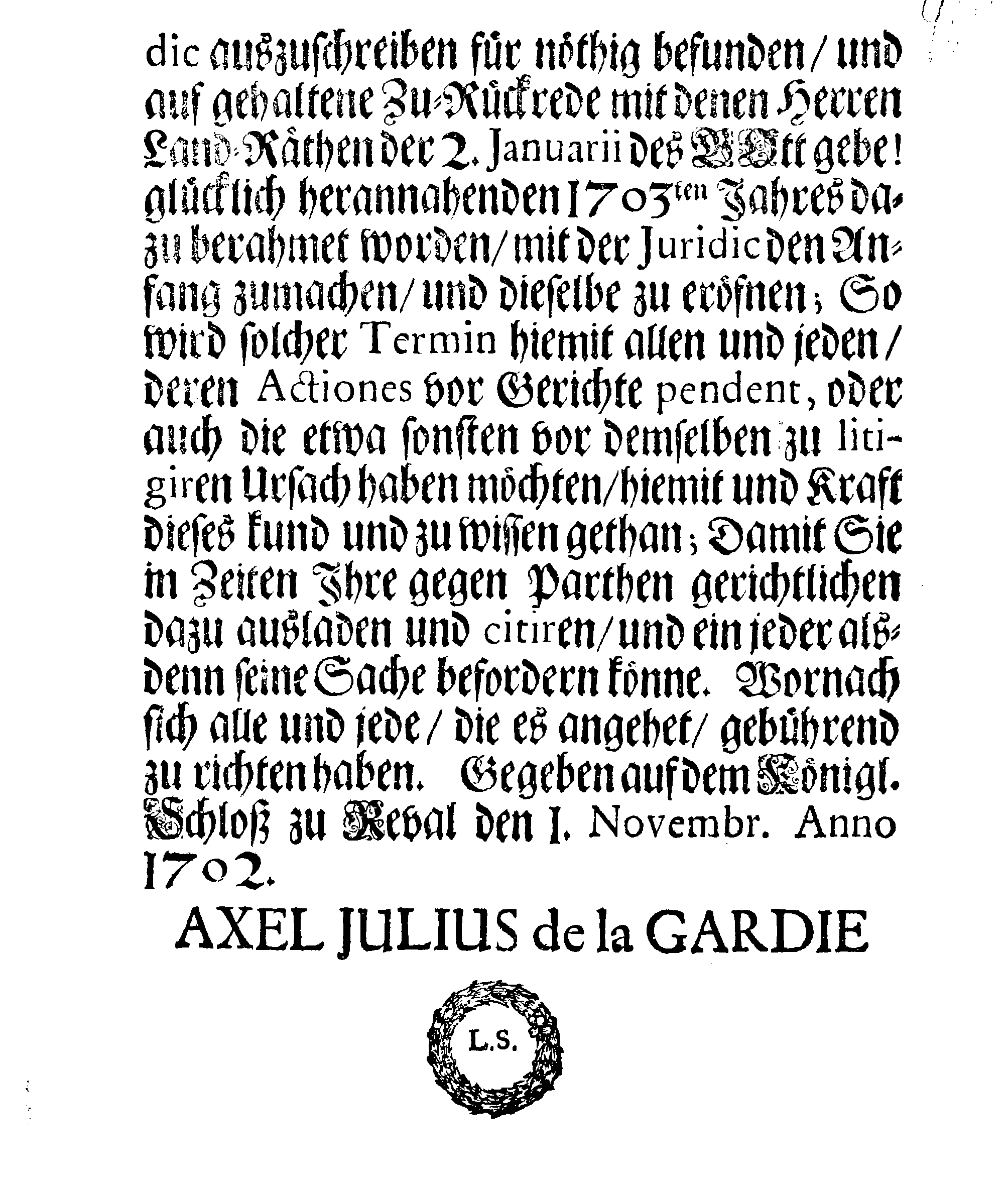 [Axel Julius De la Gardie korraldus]