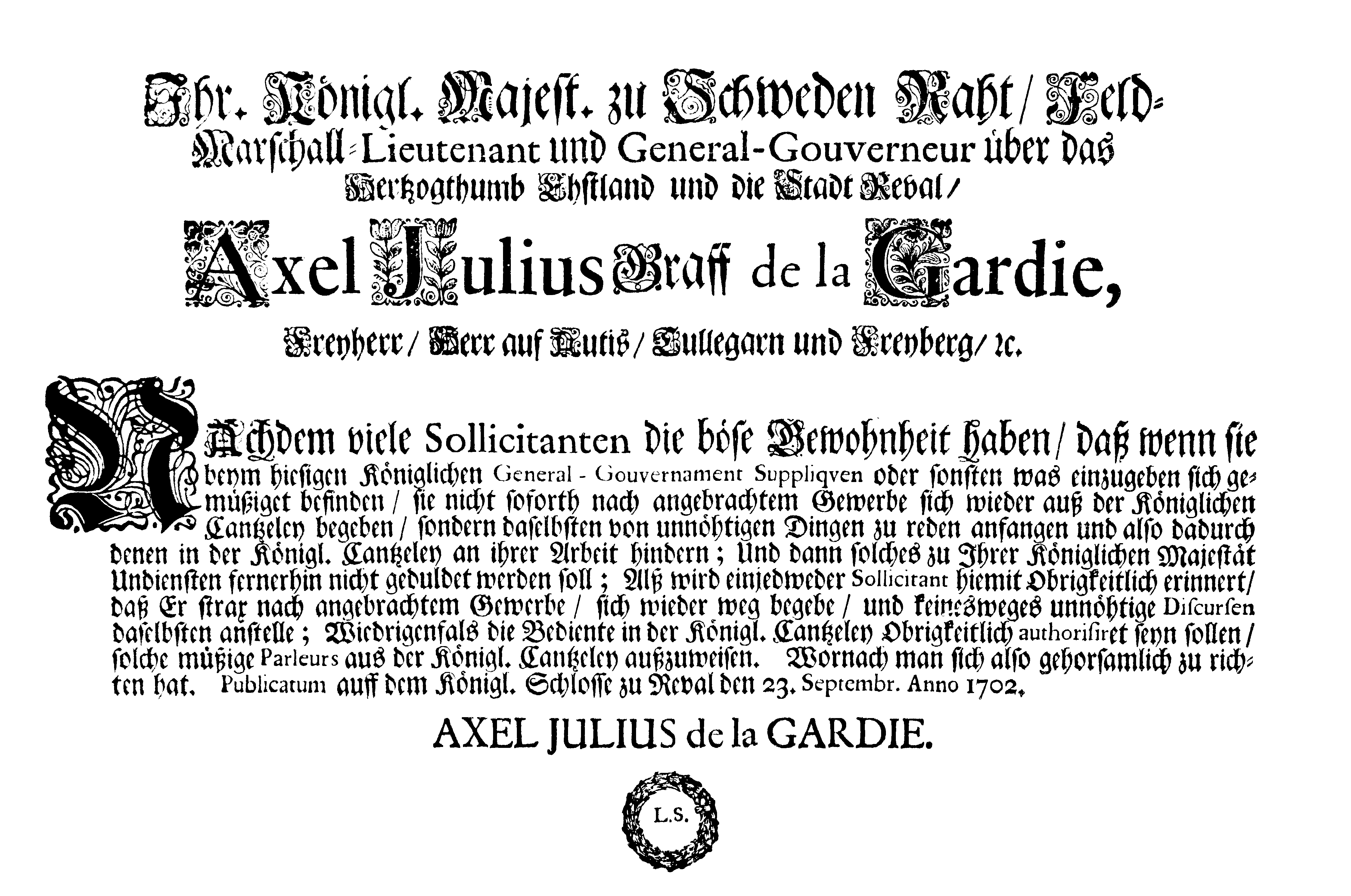 [Axel Julius De la Gardie korraldus]